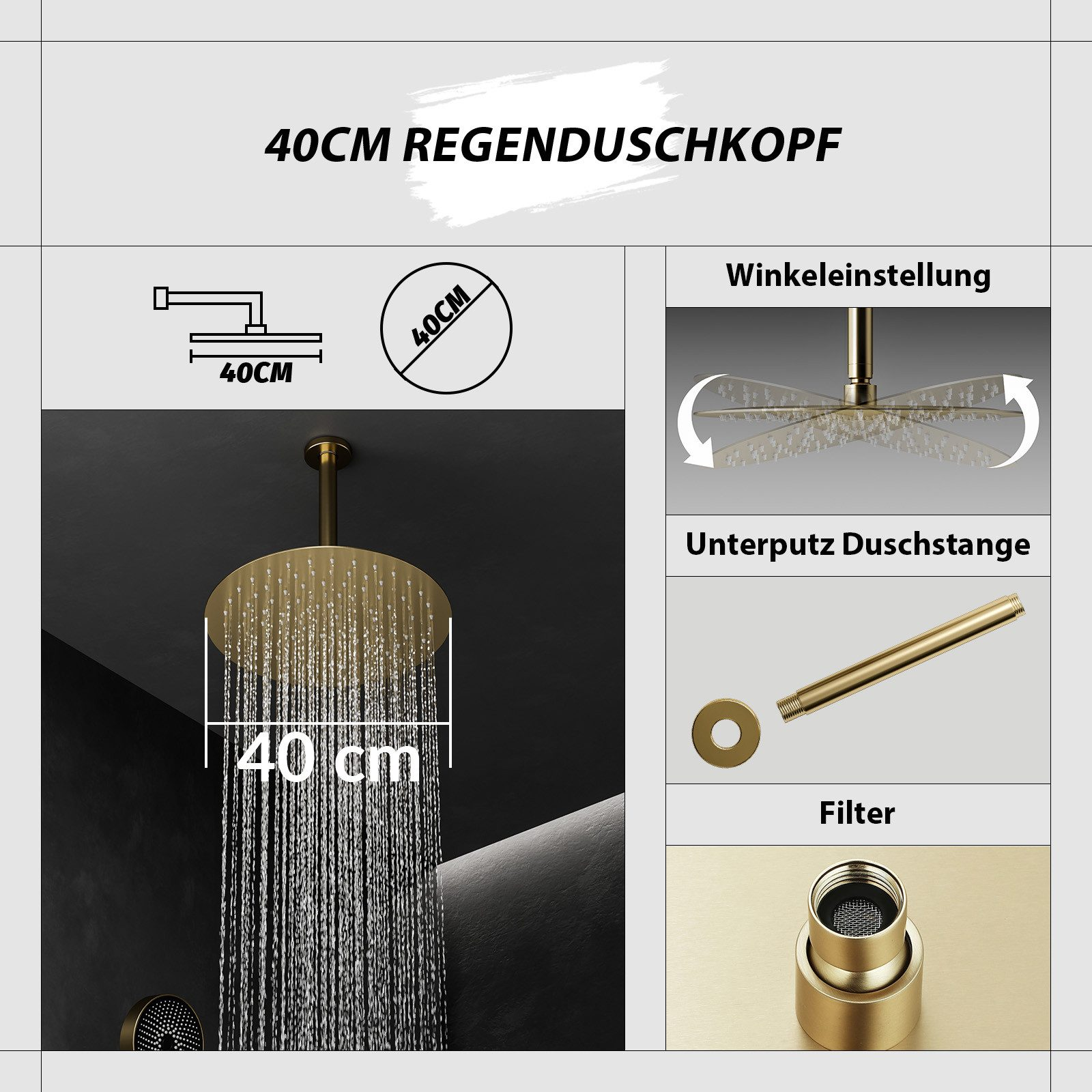 Goldener Duschkopf mit 40 cm Durchmesser, mit Diagrammen und Maßen in einer Anzeige.