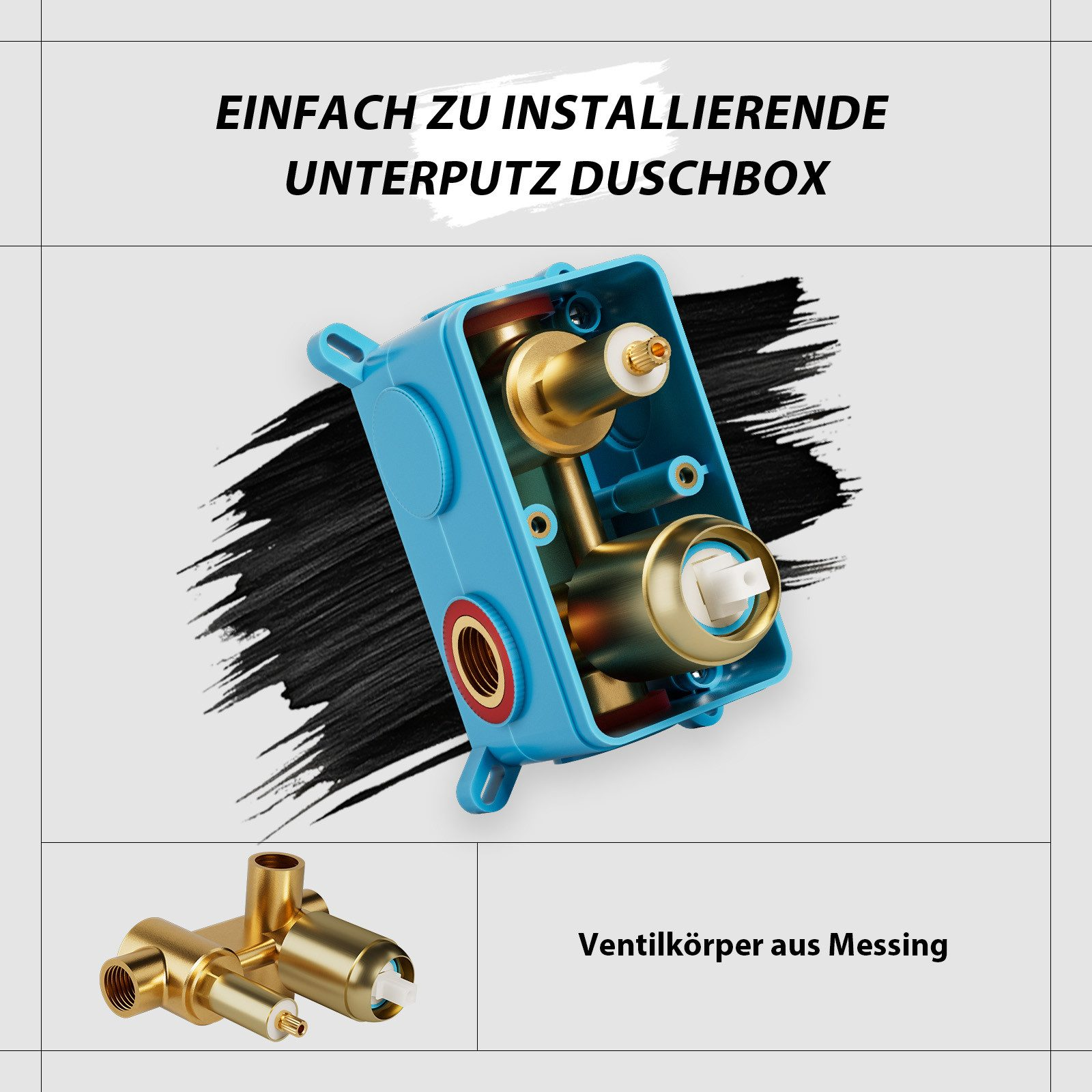 Diagramm einer Unterputz-Duschbox mit Messing-Ventilkörper und zugehörigen Komponenten.