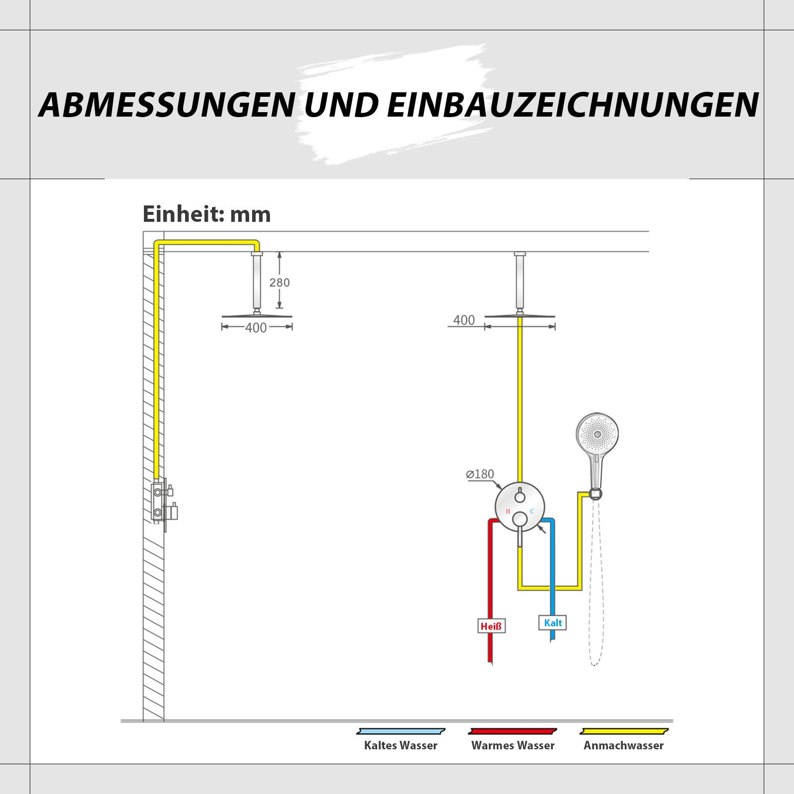 Diagramm der Sanitärinstallation mit Maßen in mm, zeigt Warm- und Kaltwasserleitungen.