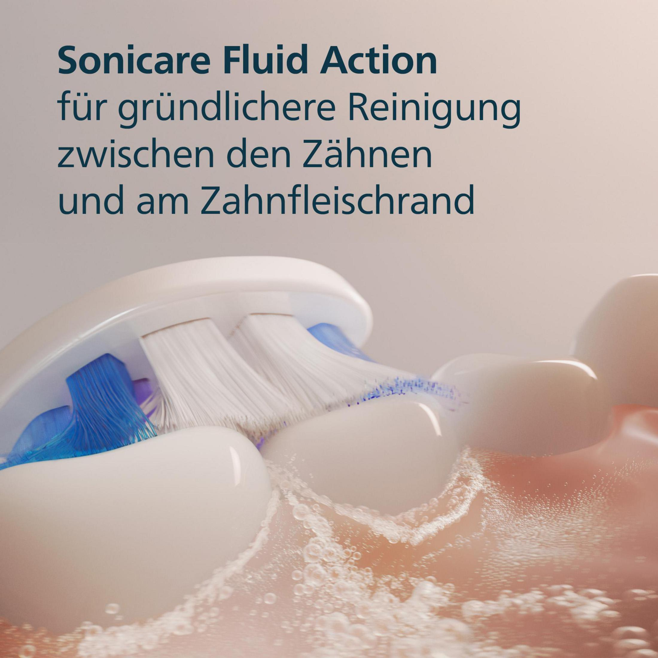 Nahaufnahme einer weißen Zahnbürste, die Zähne putzt, mit Blasen und Text auf Deutsch.