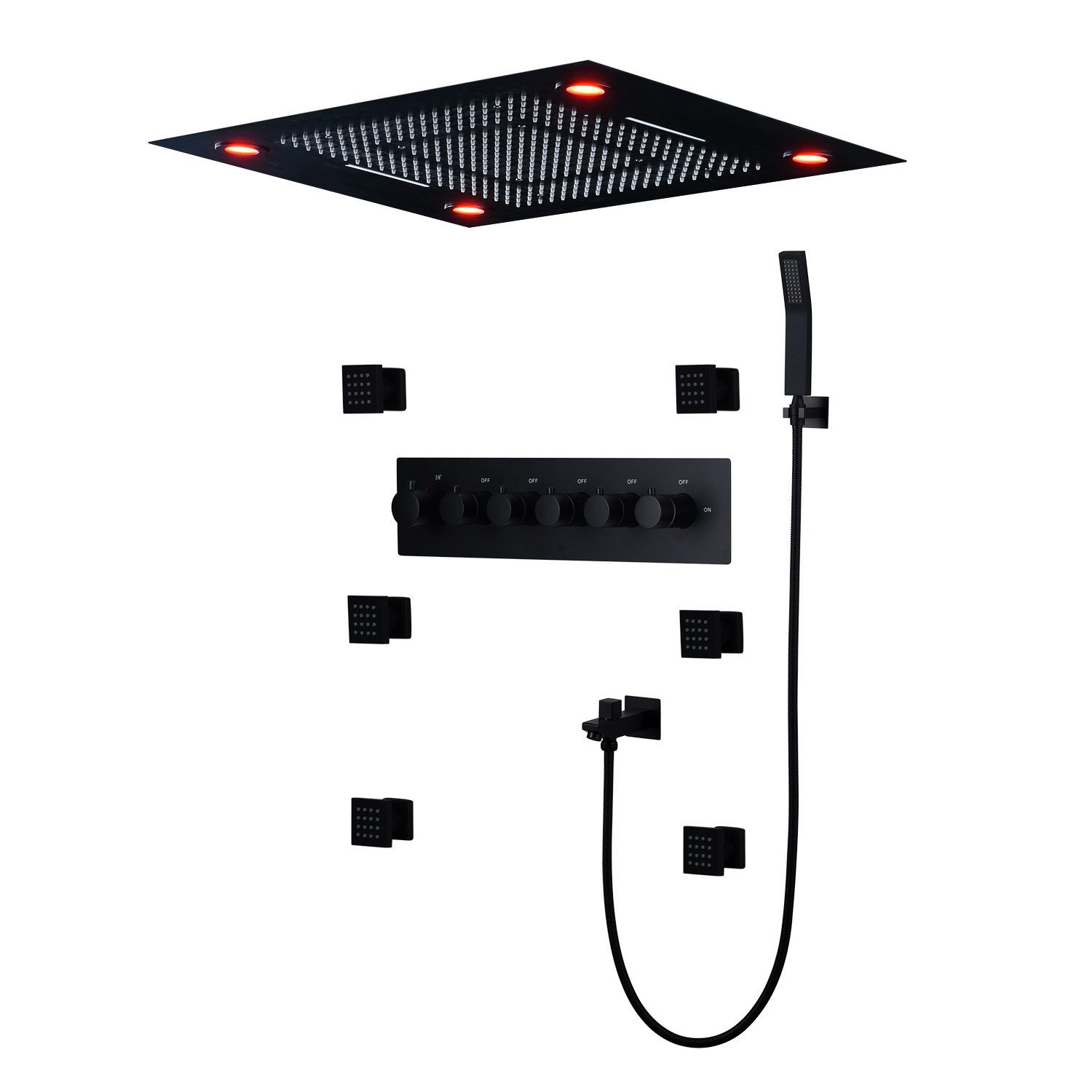 Schwarzes Duschsystem mit mehreren Duschköpfen und Bedienelementen. Rote Lichter. Weißer Hintergrund.