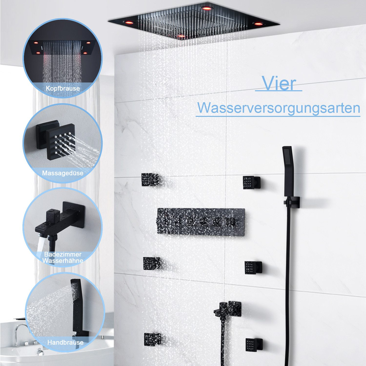 Ein schwarzes Duschsystem wird an einer weiß gefliesten Wand mit vier Wasseroptionen gezeigt.