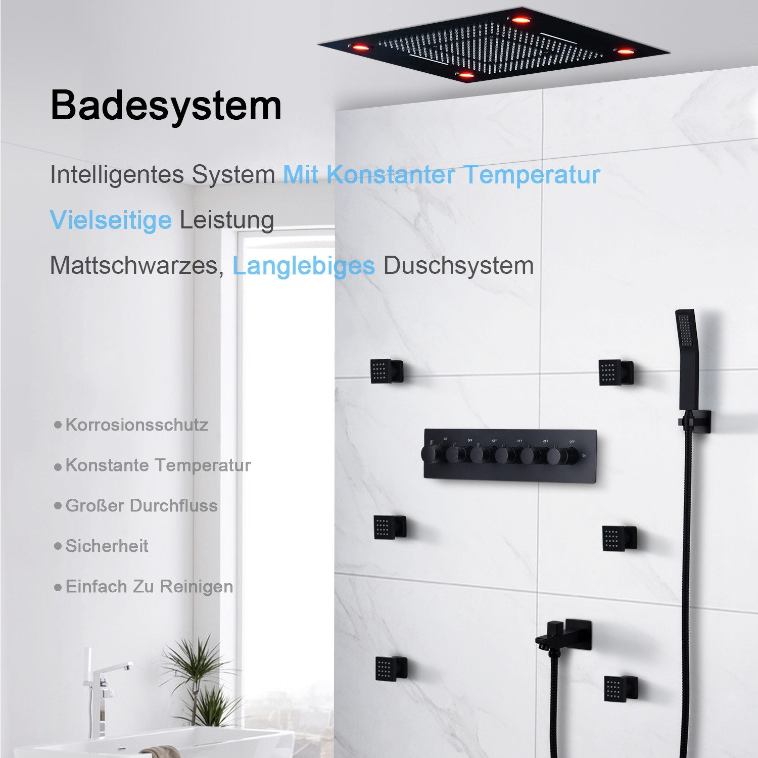 Ein schwarzes Duschsystem wird an einer weiß gefliesten Wand mit Textbeschreibungen gezeigt.