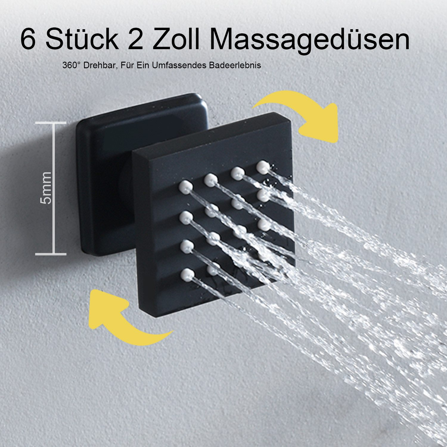 Schwarzer Duschkopf mit Wasserstrahlen, an einer weißen Wand montiert. Text auf Deutsch.