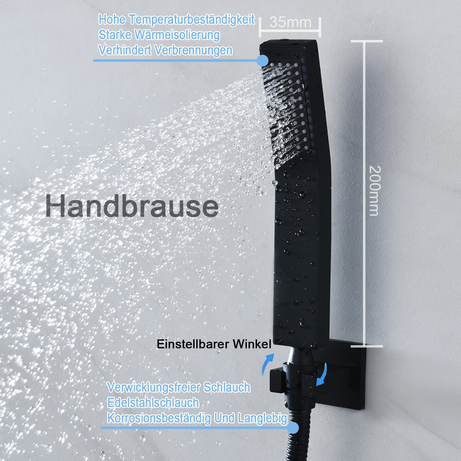 Schwarzer Duschkopf mit einstellbarem Winkel und flexiblem Schlauch. Weiße Wand, Text auf Deutsch.