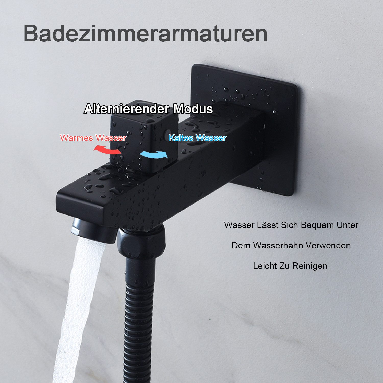 Schwarze Duscharmatur mit Warm-/Kaltwasser-Indikatoren und flexiblem Schlauch. Hintergrund: weiße Wand.
