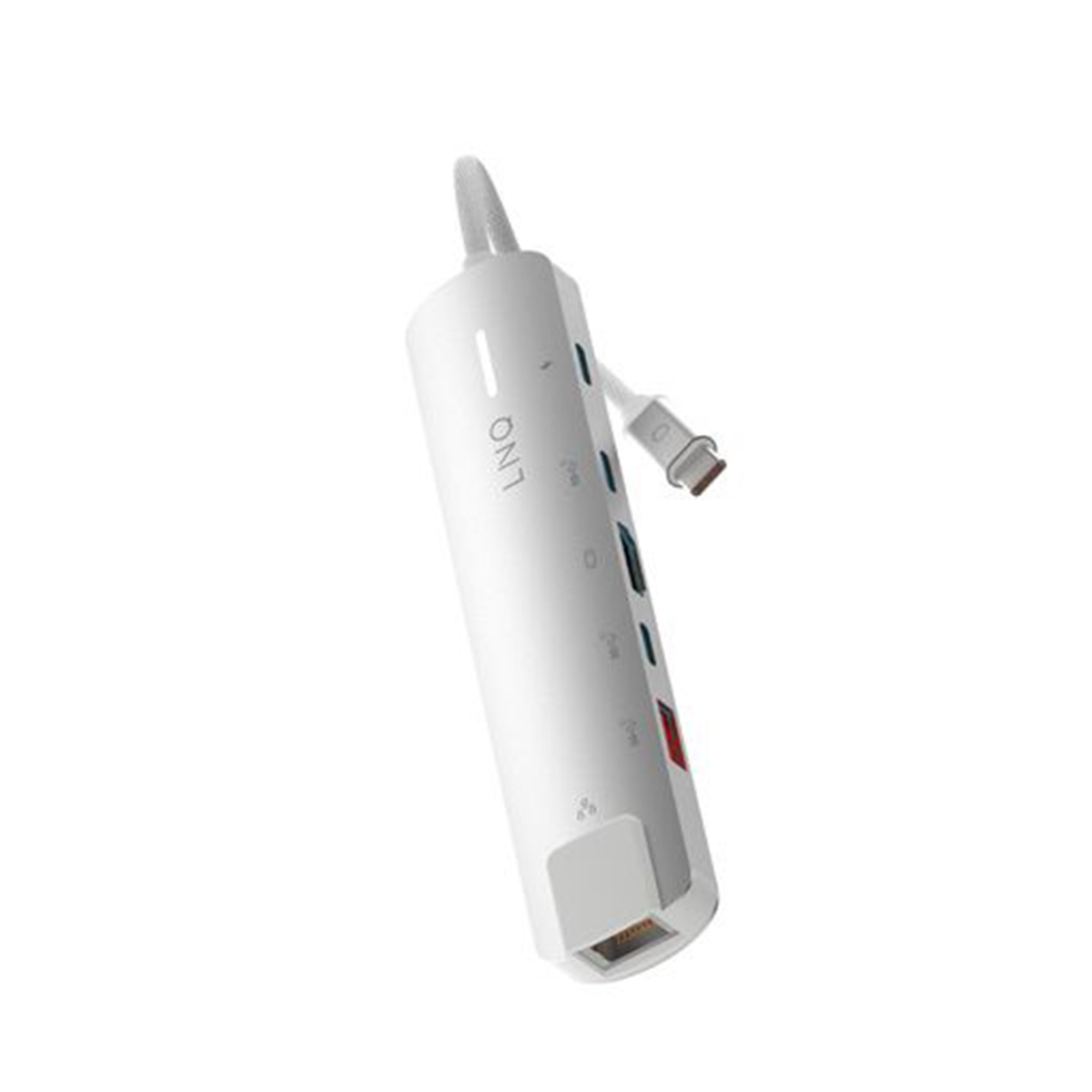 Adattatore multiporta cilindrico bianco con cavo USB-C. Sfondo bianco.