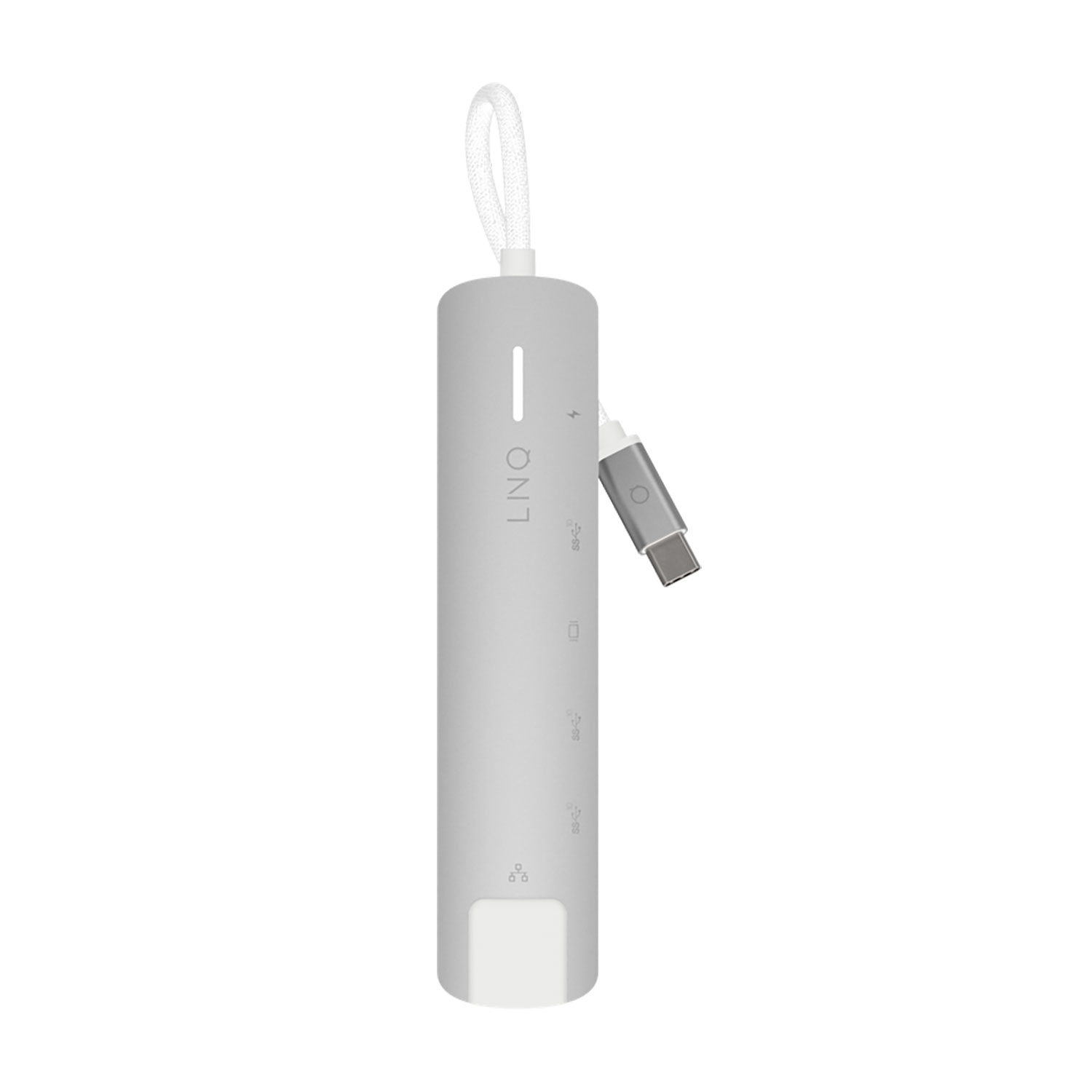 Adattatore multiporta grigio con cavo bianco. Diverse porte visibili.