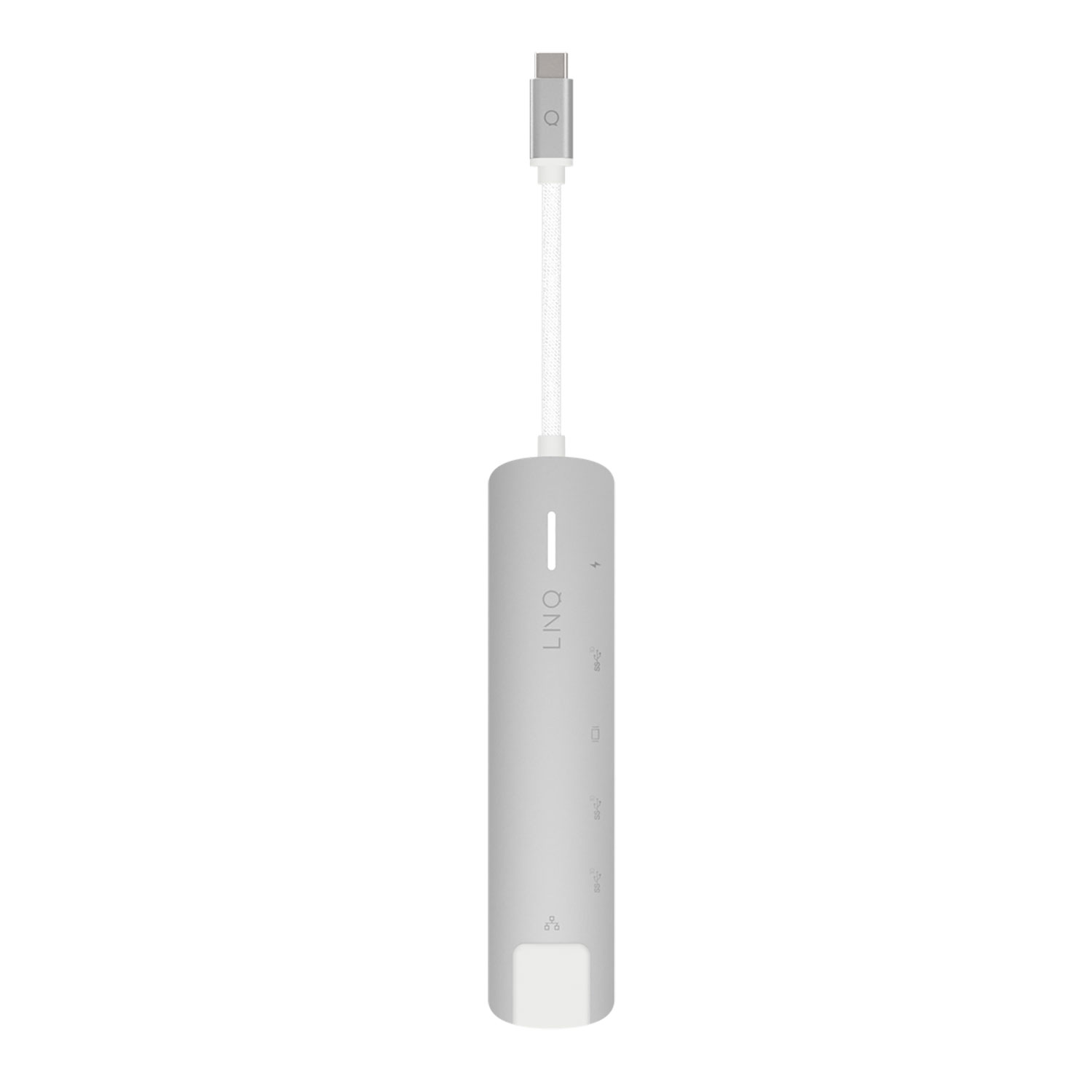 Hub USB-C grigio con più porte e cavo bianco. Sfondo bianco. Testo sull'hub.