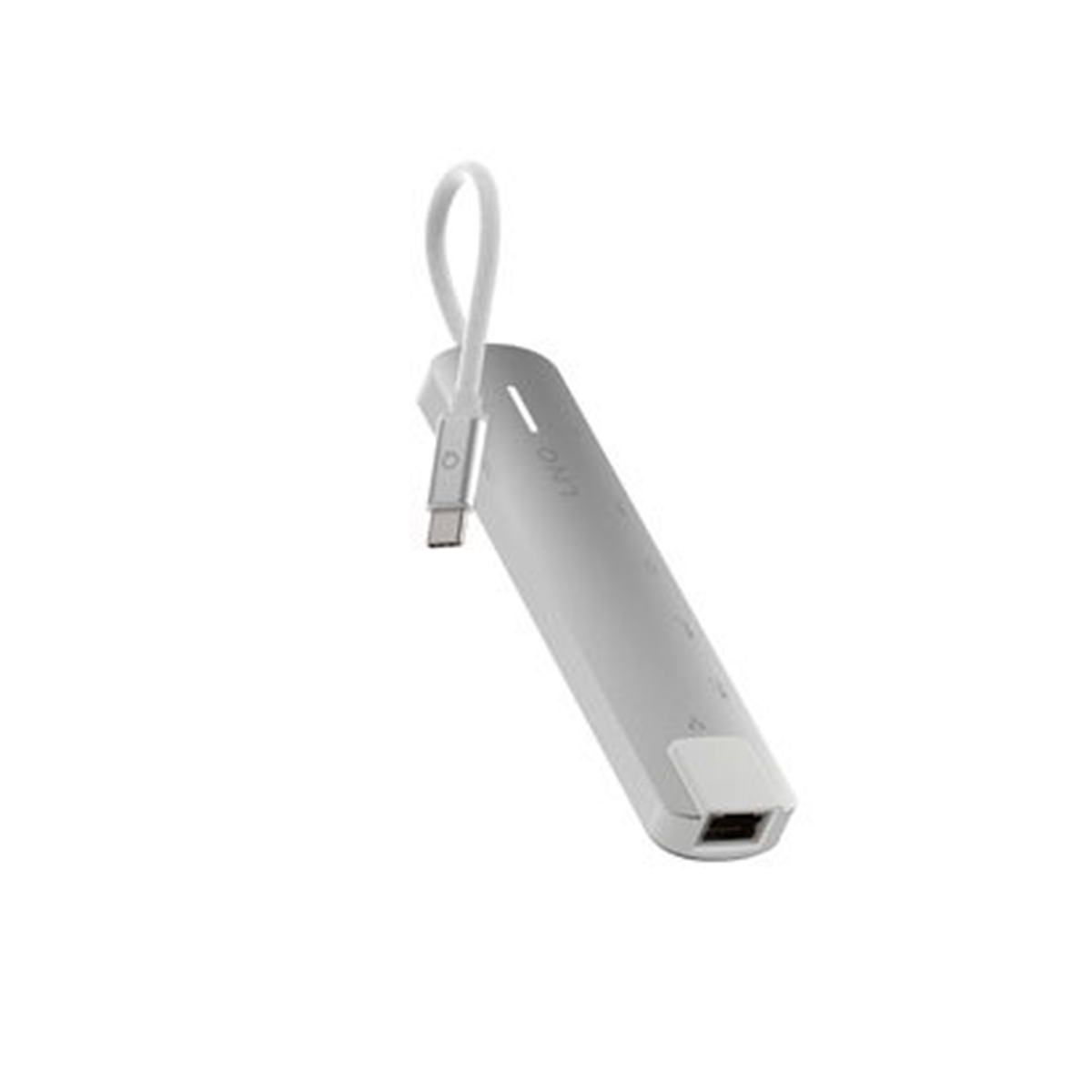 Adattatore multiporta grigio con cavo bianco. Connettore USB-C visibile.