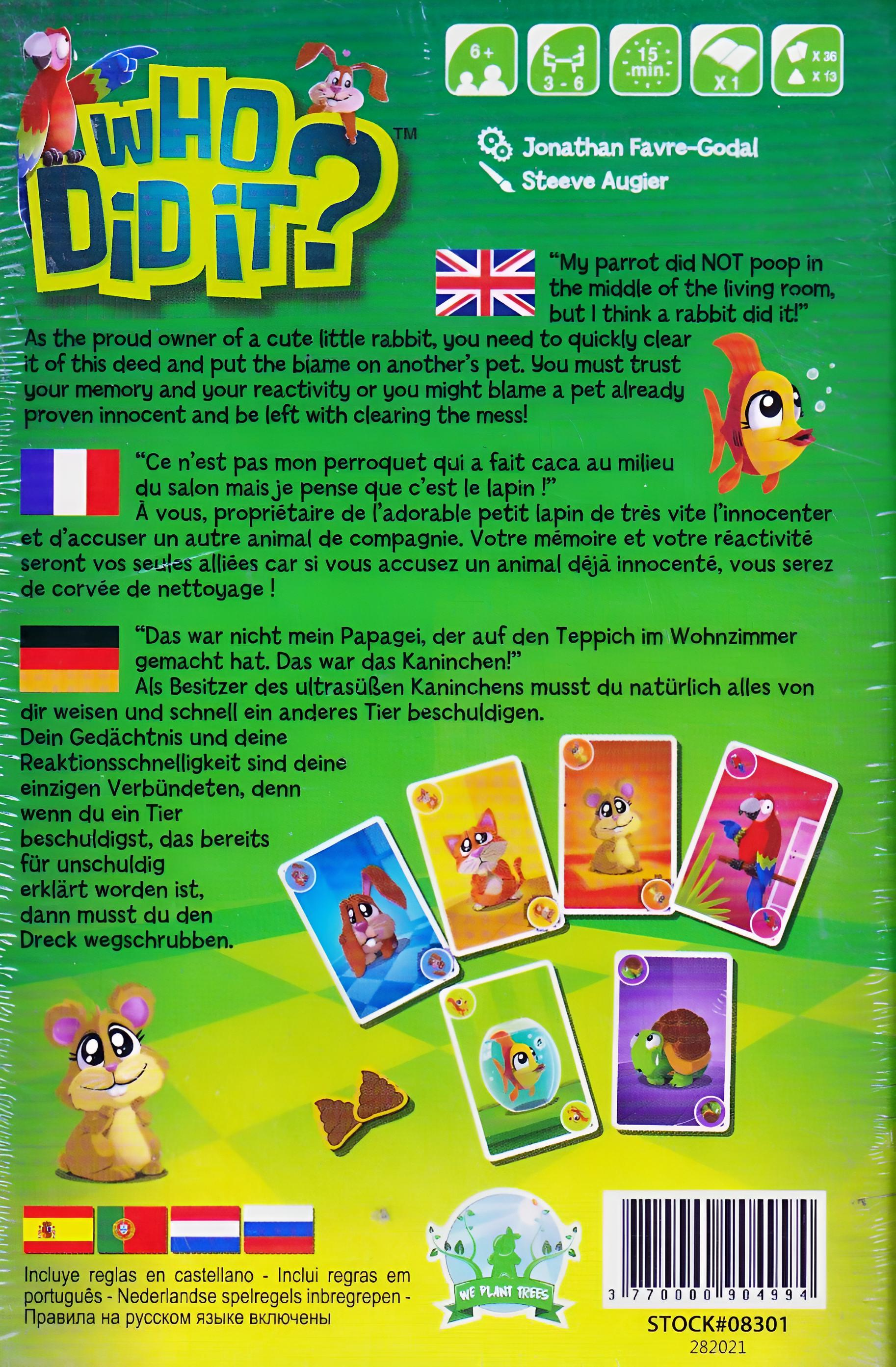 Rückseite einer Brettspielbox mit Cartoon-Tierfiguren und Text.