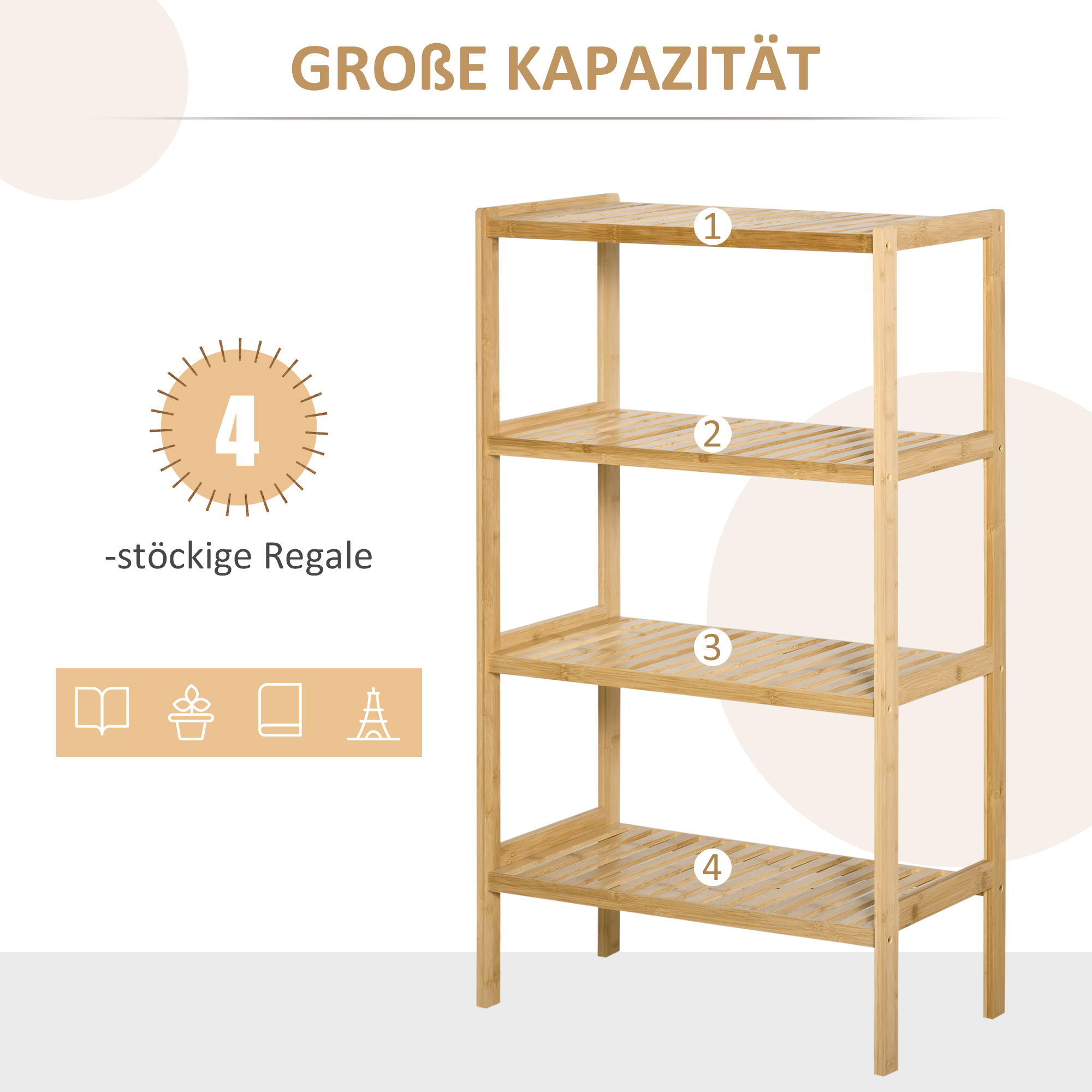 Ein vierstöckiges Bambusregal mit dem Text GROBE KAPAZITÄT und vier Symbolen.