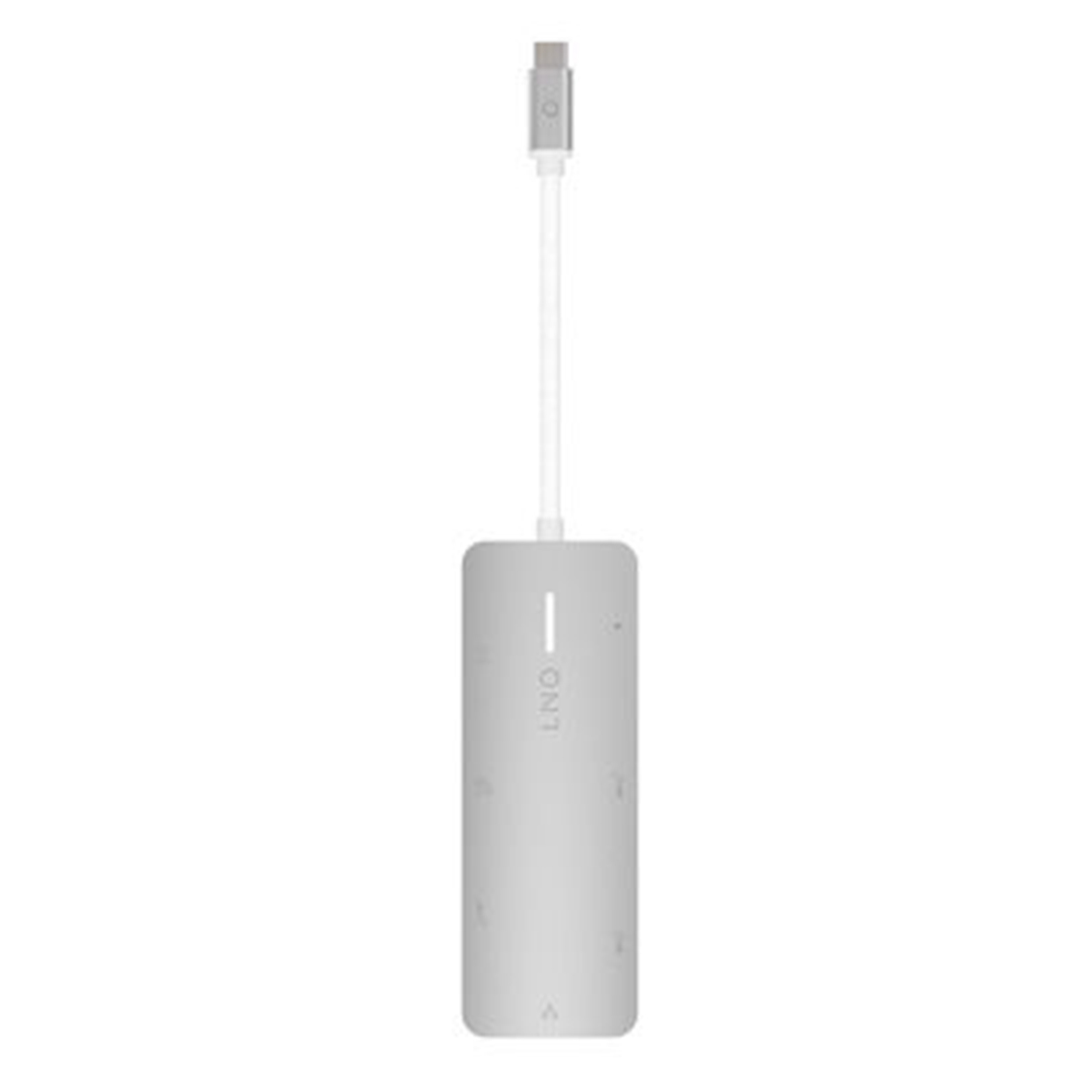 Silberner USB-C-Hub mit hängendem Kabel. Anschlüsse sind an der Seite sichtbar. Weißer Hintergrund.