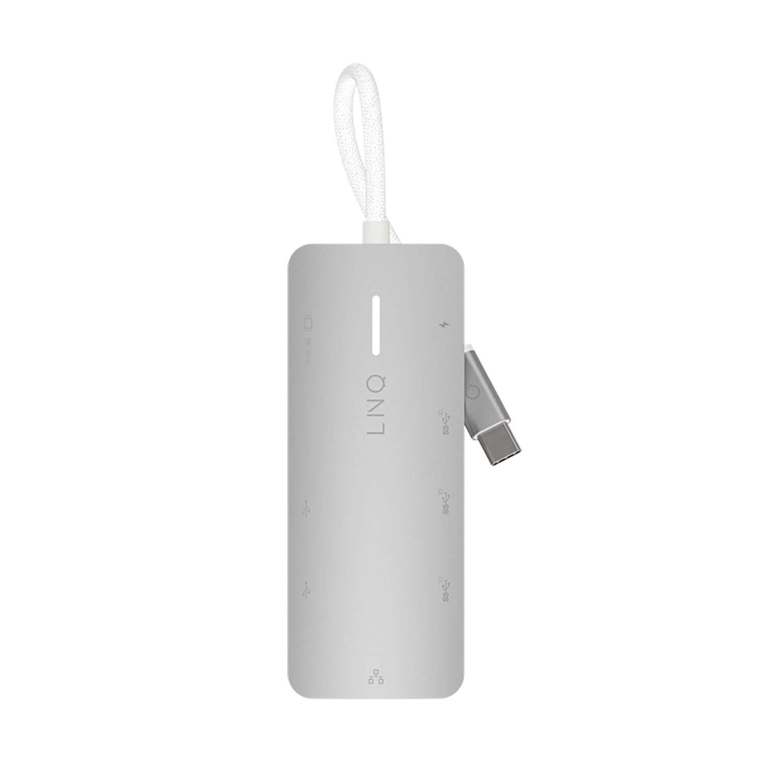Un dispositivo grigio con una porta USB-C e più porte.