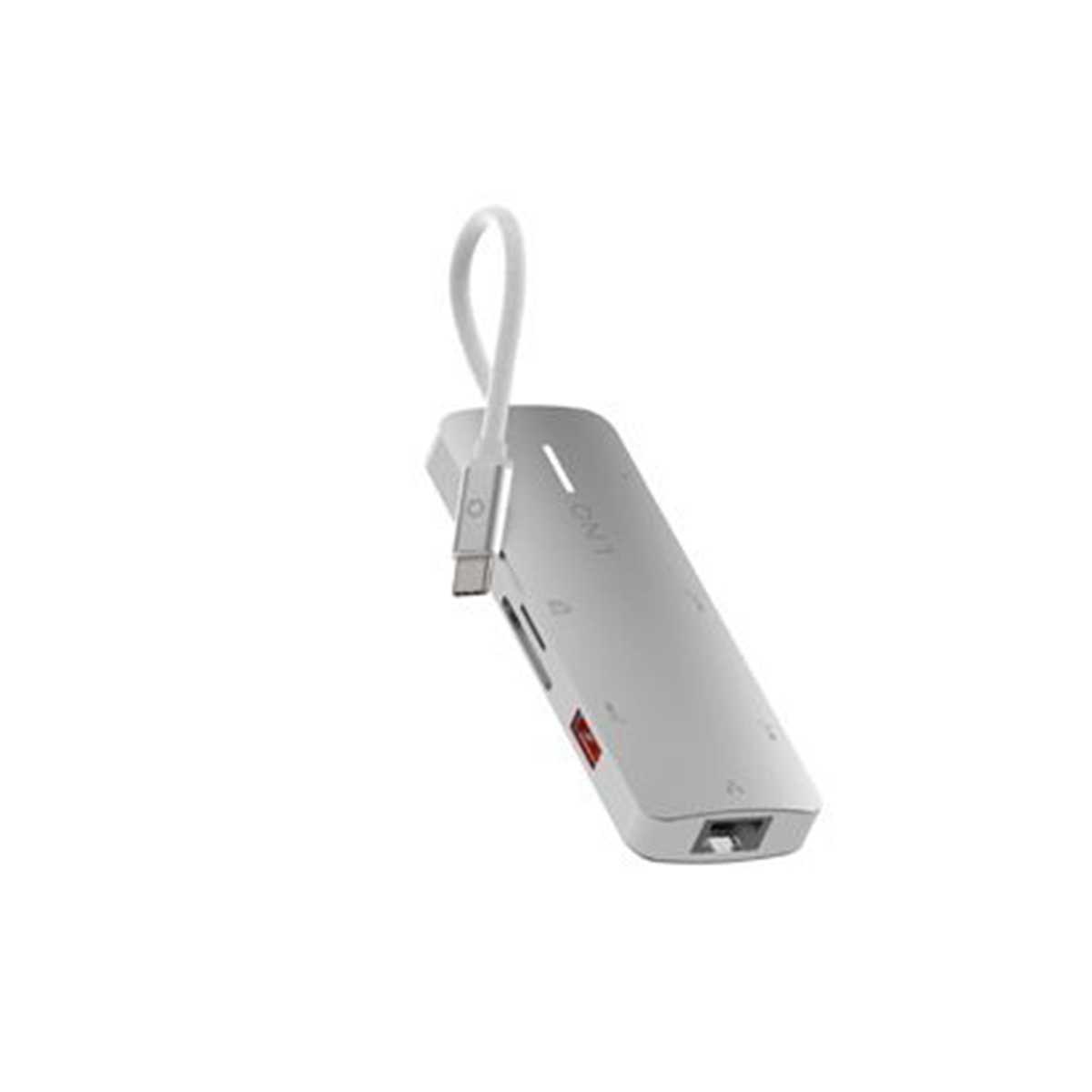 Hub USB-C bianco con cavo pendente. Le porte sono visibili sul lato. Sfondo bianco.