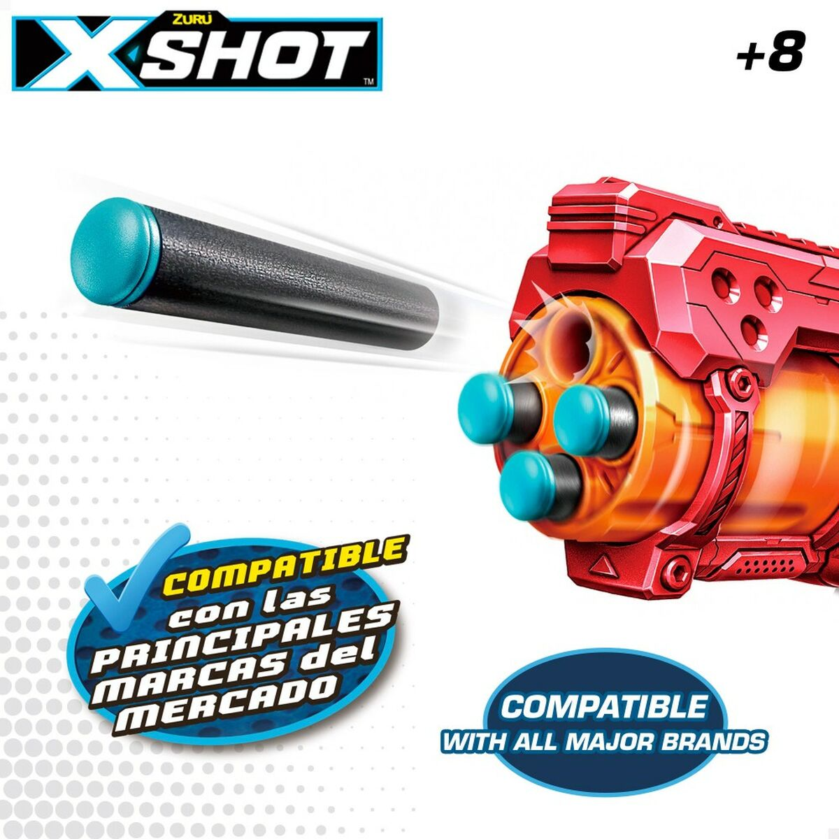 Pistola giocattolo rossa con dardo turchese. Compatibile con i principali marchi. Il logo dice XSHOT.