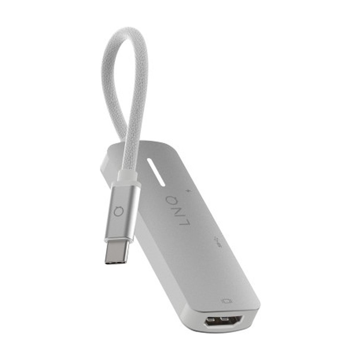 Un hub USB-C bianco con un cavo grigio corto, con il marchio 'LNQ'.