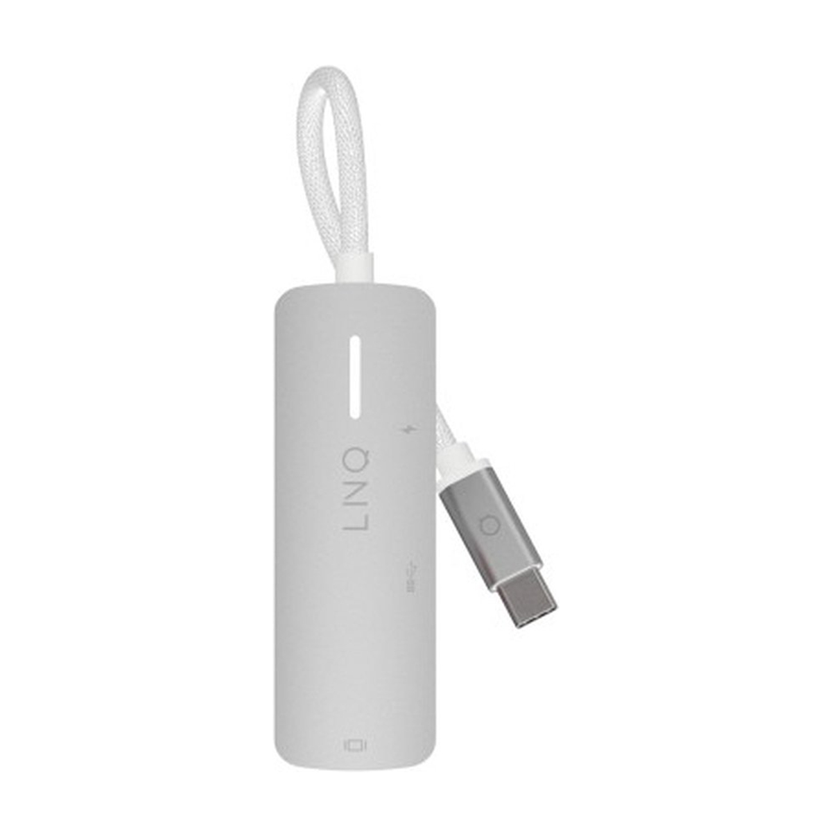 Ein weißer USB-C-Hub mit einem kurzen, grauen Kabel, mit der Marke 'LNQ'.