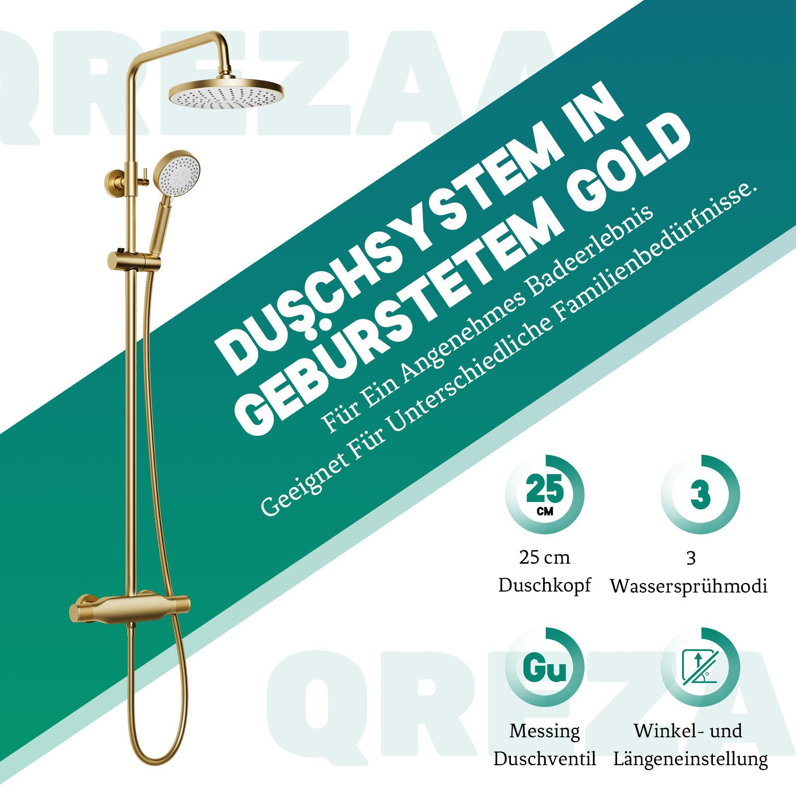 Goldenes Duschsystem mit goldenem Duschkopf und Text.