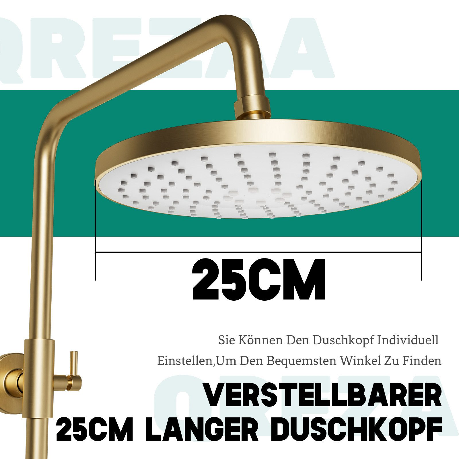 Ein goldener Duschkopf mit dem Text '25CM' und 'VERSTELLBARER 25CM LANGER DUSCHKOPF'.