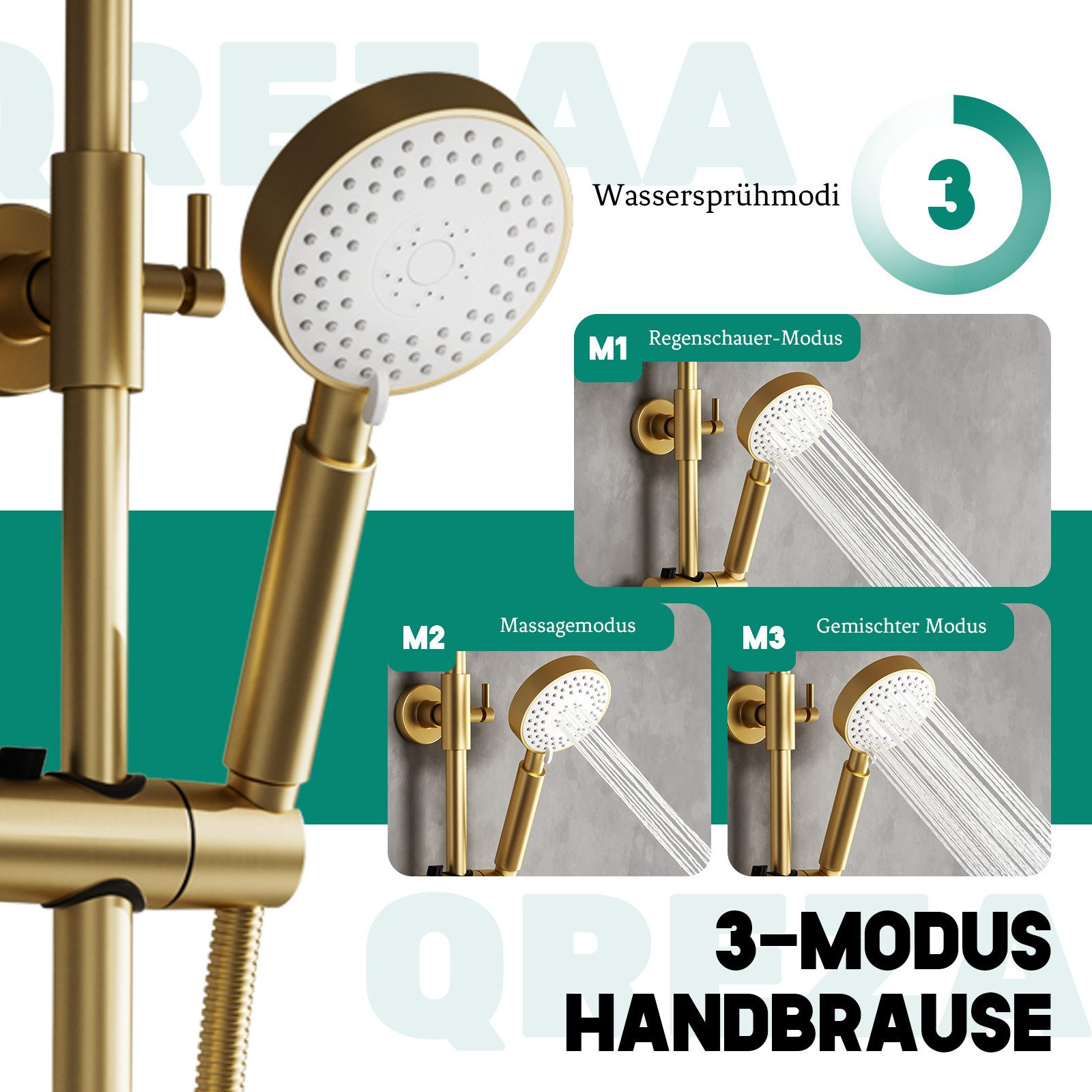 Goldenes Duschsystem mit drei Strahlarten: Regen, Massage und gemischt.