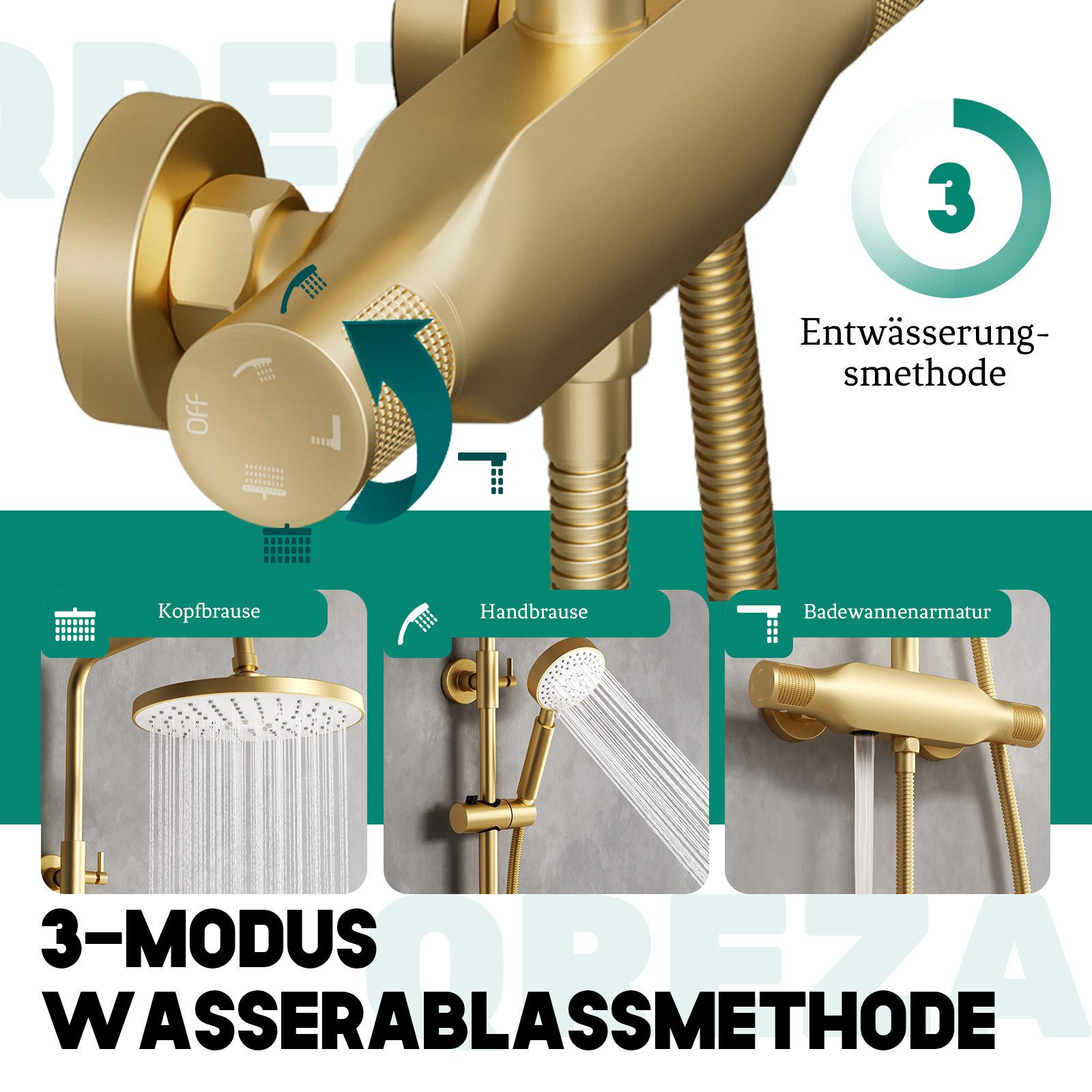 Goldene Duschsystemdetails mit drei Duschmodi.