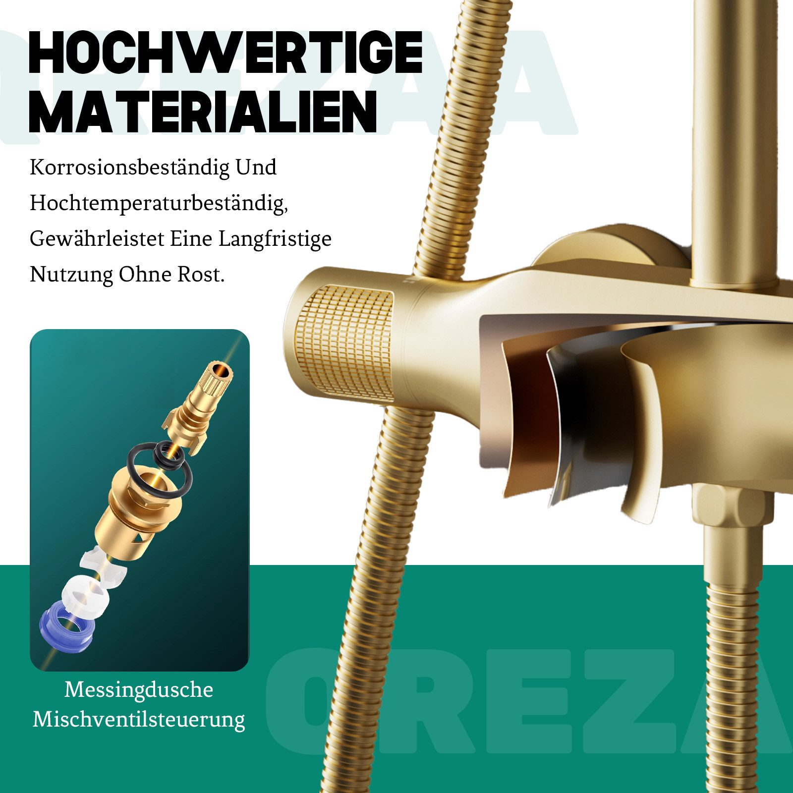 Nahaufnahme von goldenen Duschsystemteilen. Text: hochwertige Materialien.