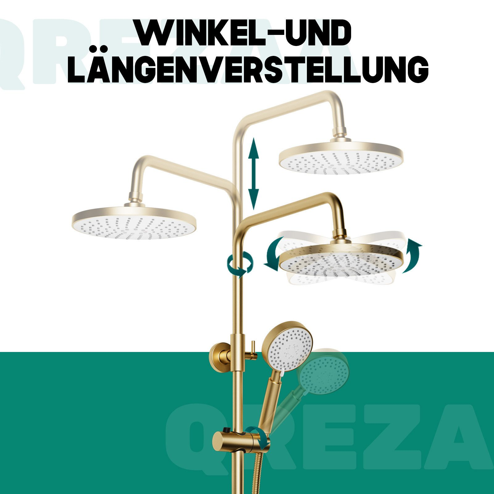Goldenes Duschsystem, Winkel- und Längenverstellung, mit Text.