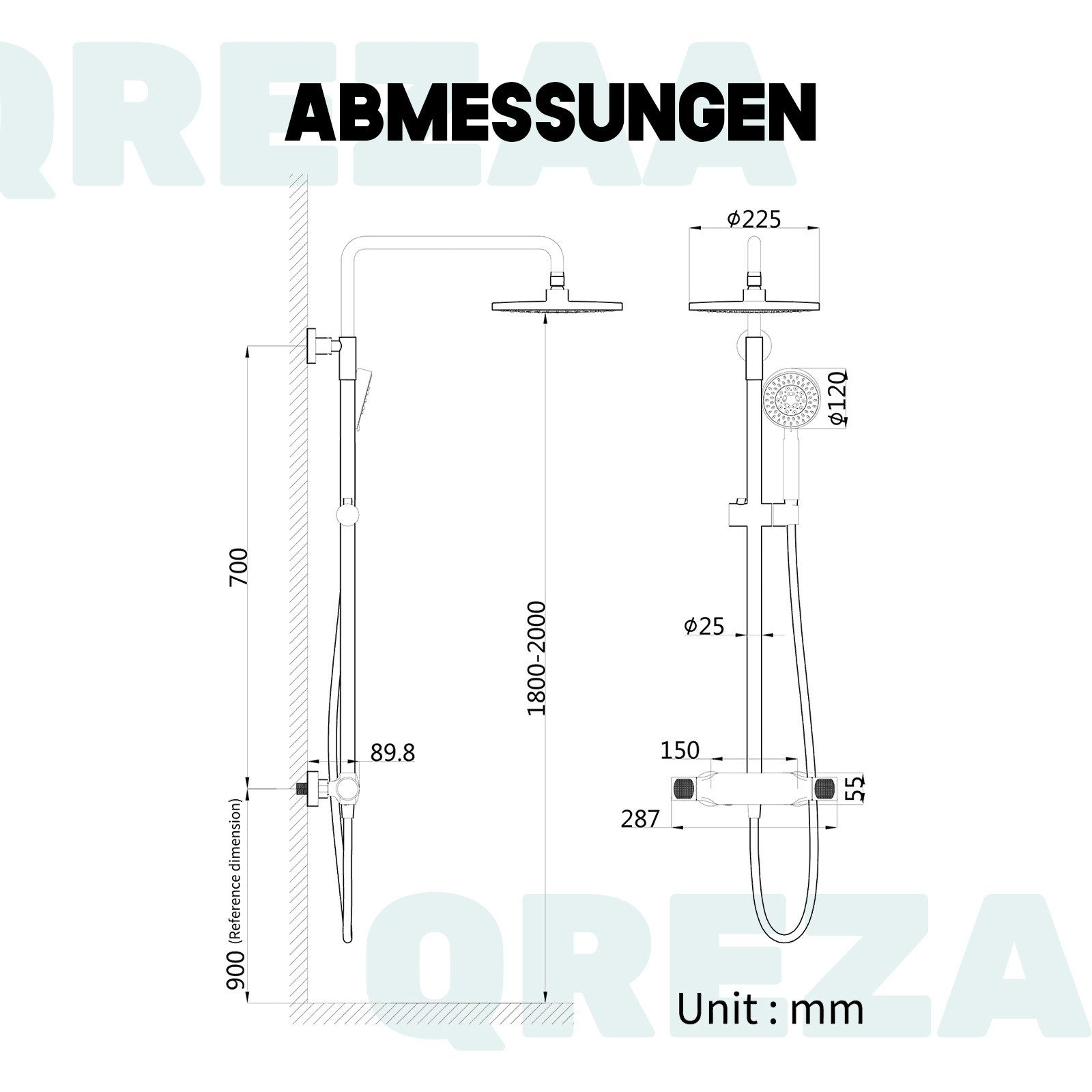 Duschsystem-Maßdiagramm in mm: 1800-2000 hoch, 225 Kopfdurchmesser.