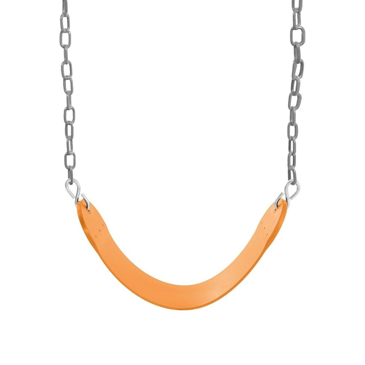 Orangener Schaukelstuhl, der an silbernen Ketten hängt. Der Sitz ist aus flachem Kunststoff.