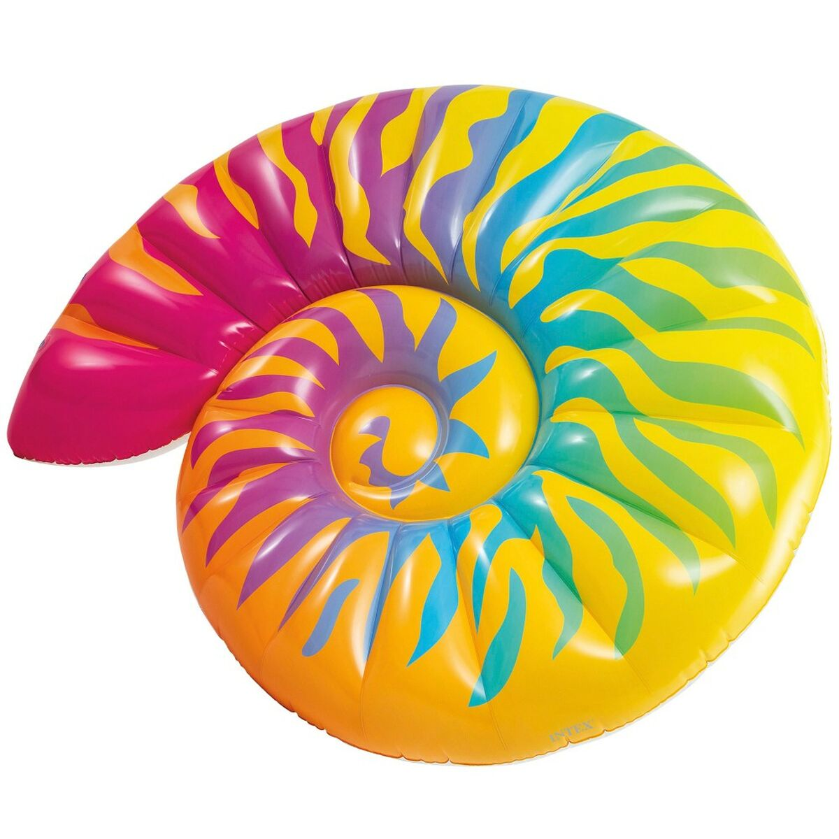 Aufblasbarer Pool-Schwimmer in Form einer Nautilus-Schale mit bunten Streifen.