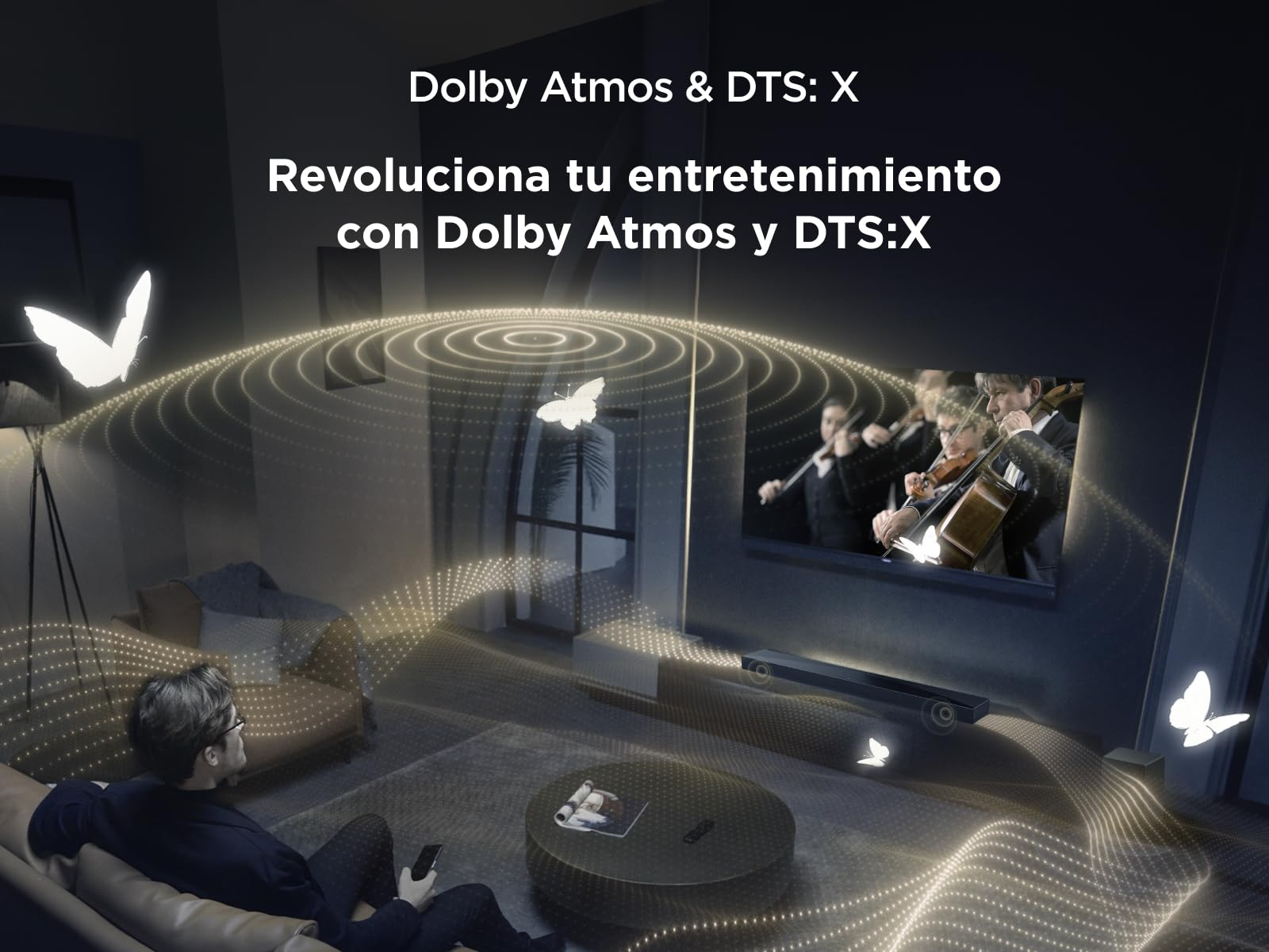 Salon z telewizorem i tekstem o technologii Dolby Atmos i DTS:X.