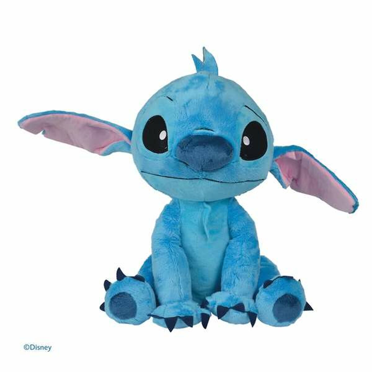 Peluche azul de Stitch sentado. Tiene ojos negros grandes y orejas grandes. Logo de Disney.