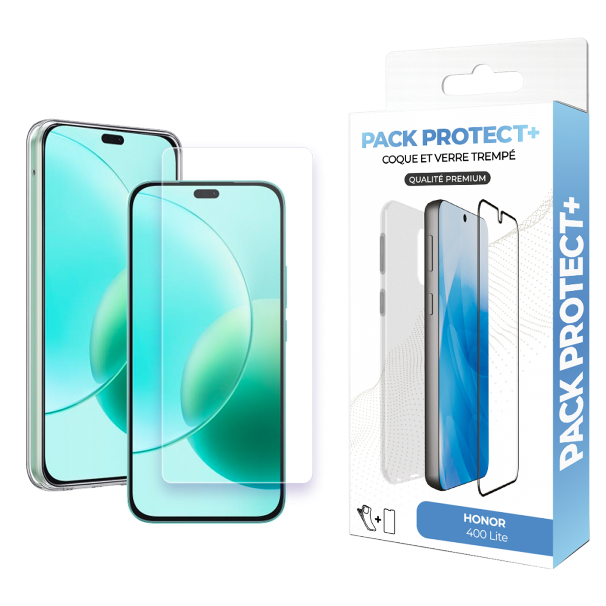 Due telefoni con protezioni schermo e una scatola su sfondo bianco.