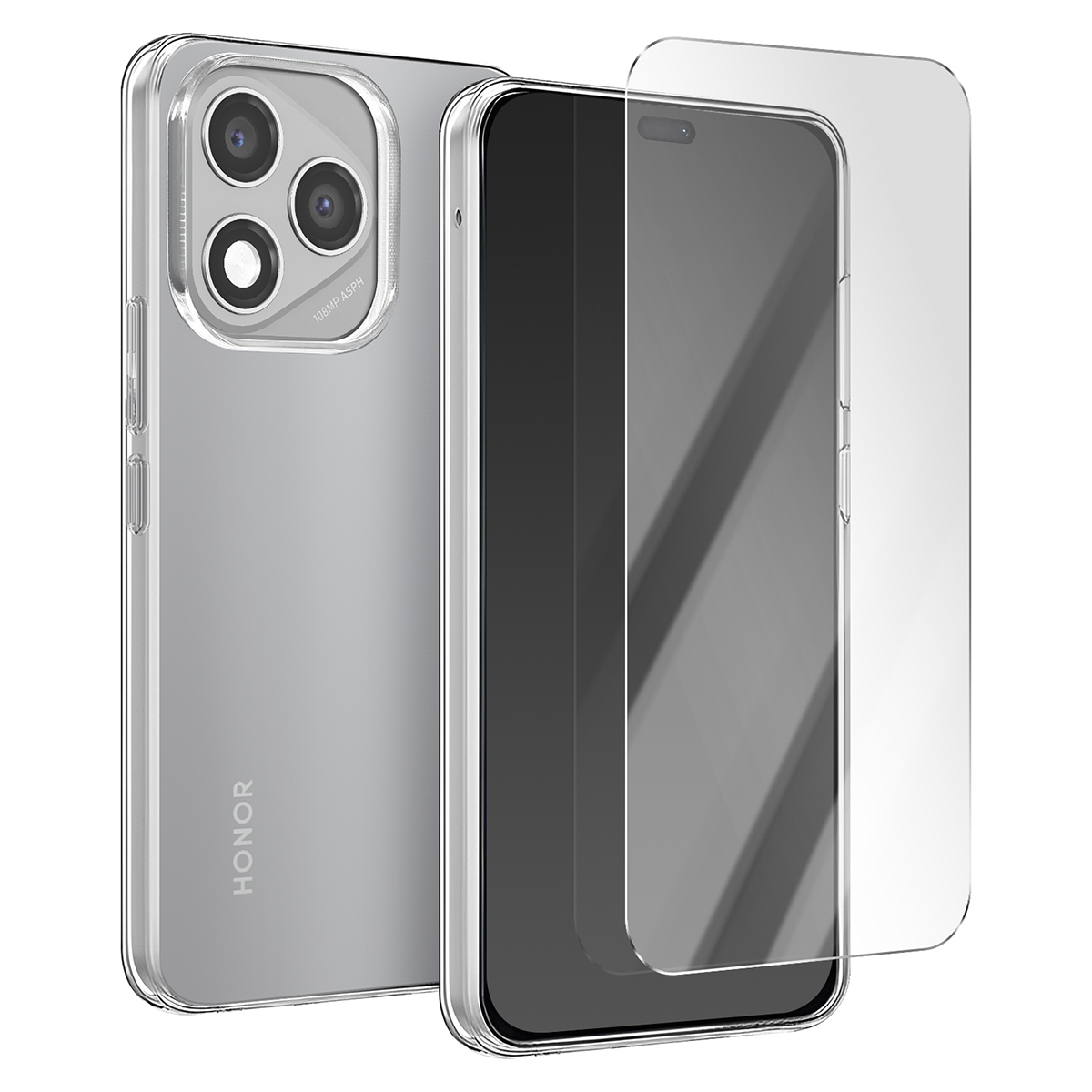 Una custodia per telefono e una protezione per lo schermo. Il telefono ha tre fotocamere. La protezione schermo è trasparente.