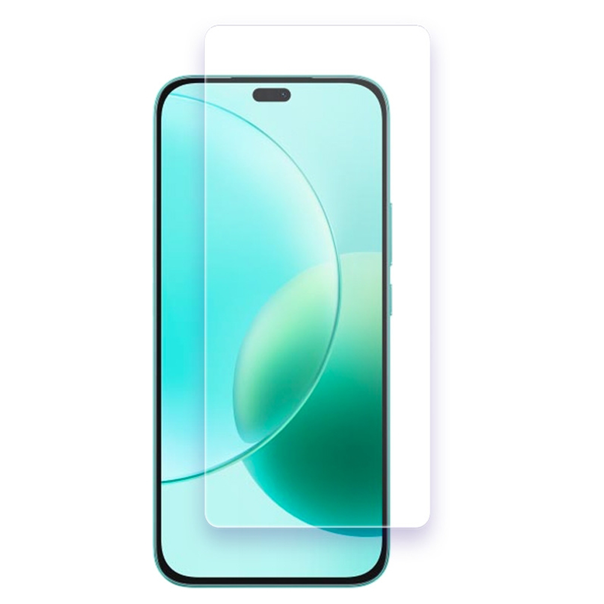 Un telefono con una protezione per lo schermo. Il telefono è verde acqua, con un ritaglio per la fotocamera. La protezione è trasparente.