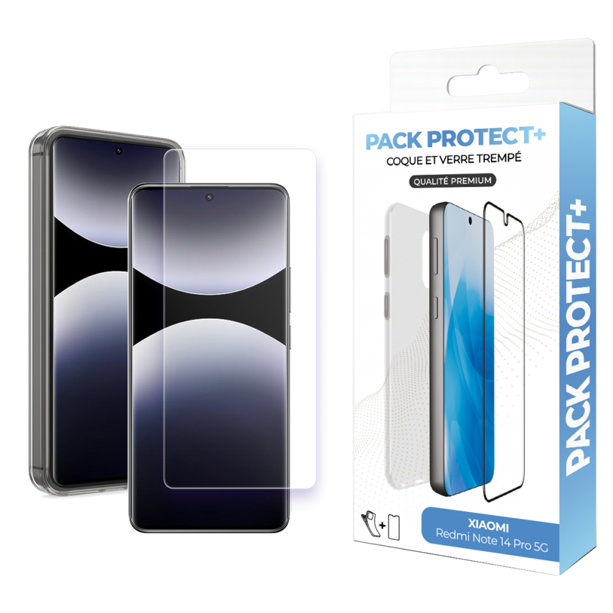 Confezione di custodia per telefono e protezione schermo etichettata Redmi Note 14 Pro 5G.