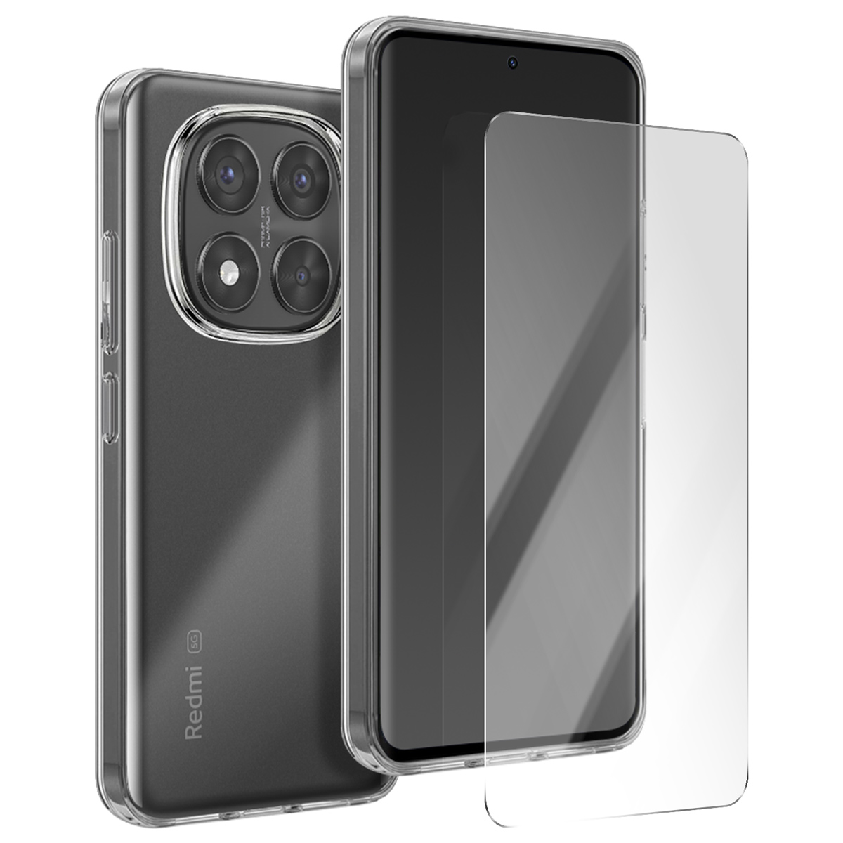 Custodia trasparente e protezione schermo per un telefono con più fotocamere.