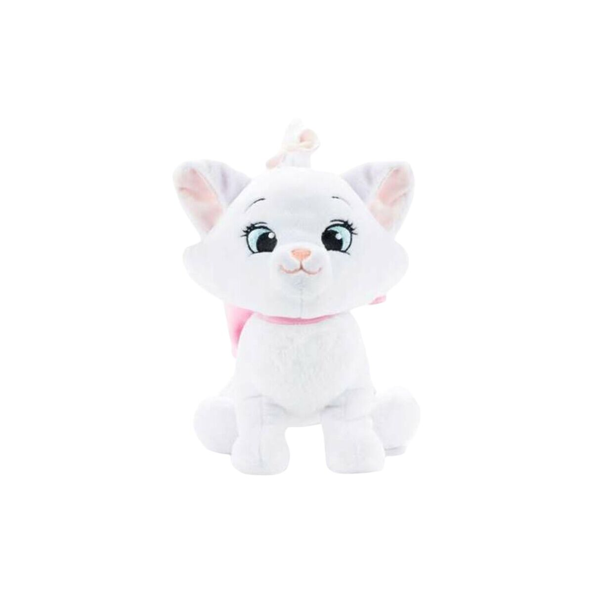 Eine weiße Plüschkatze mit einer rosa Schleife wird gezeigt.