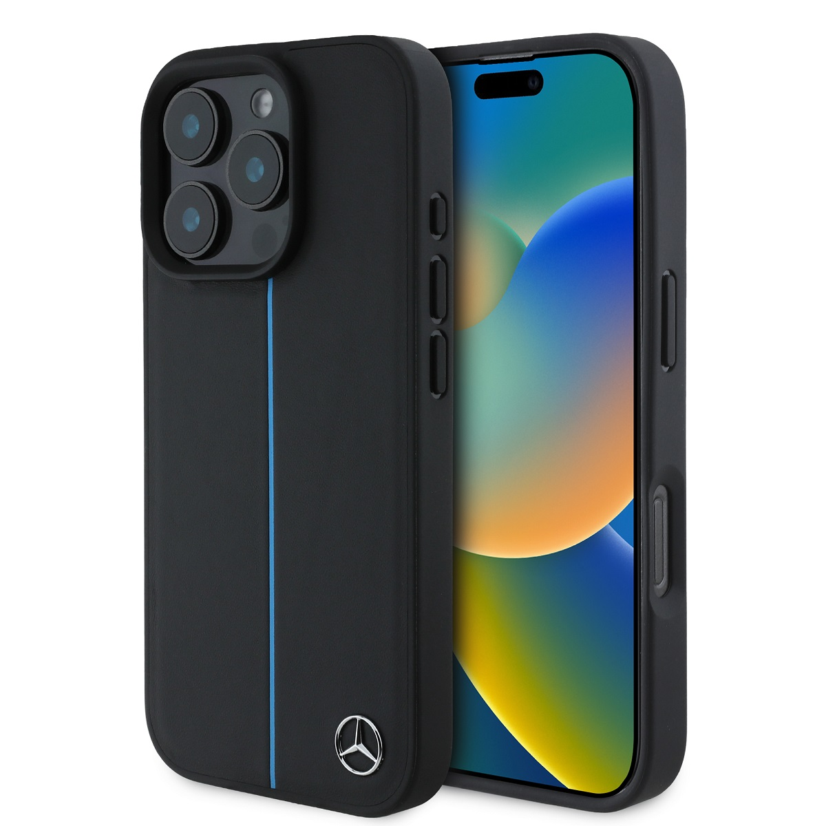 Ein Telefon in schwarzer Hülle mit blauem Streifen und Mercedes-Logo wird gezeigt.