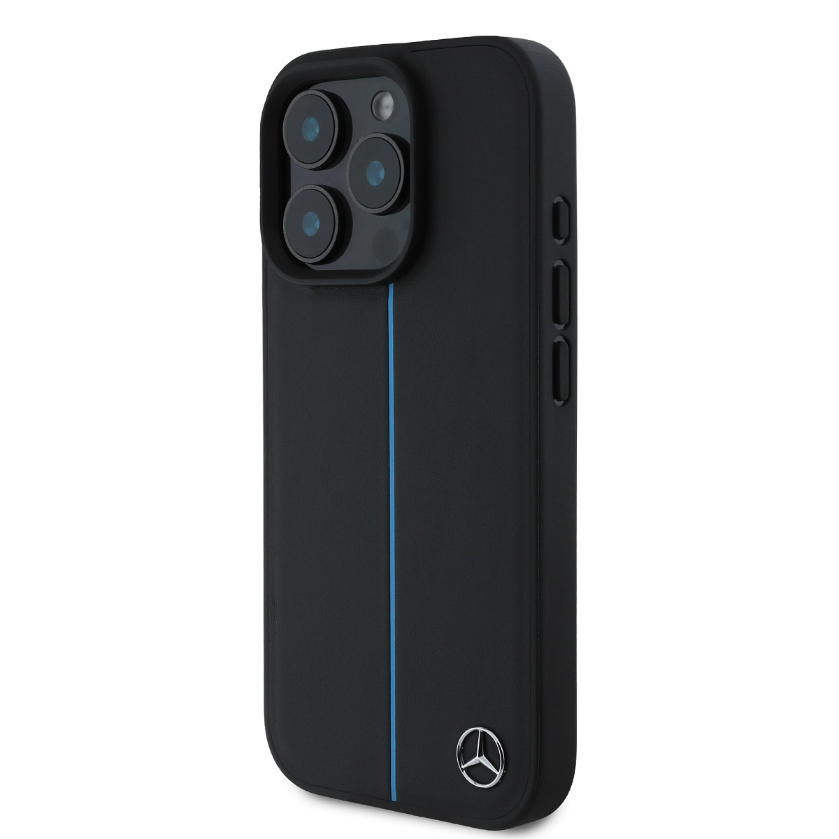 Eine schwarze Handyhülle mit blauem Streifen und Mercedes-Logo wird gezeigt.
