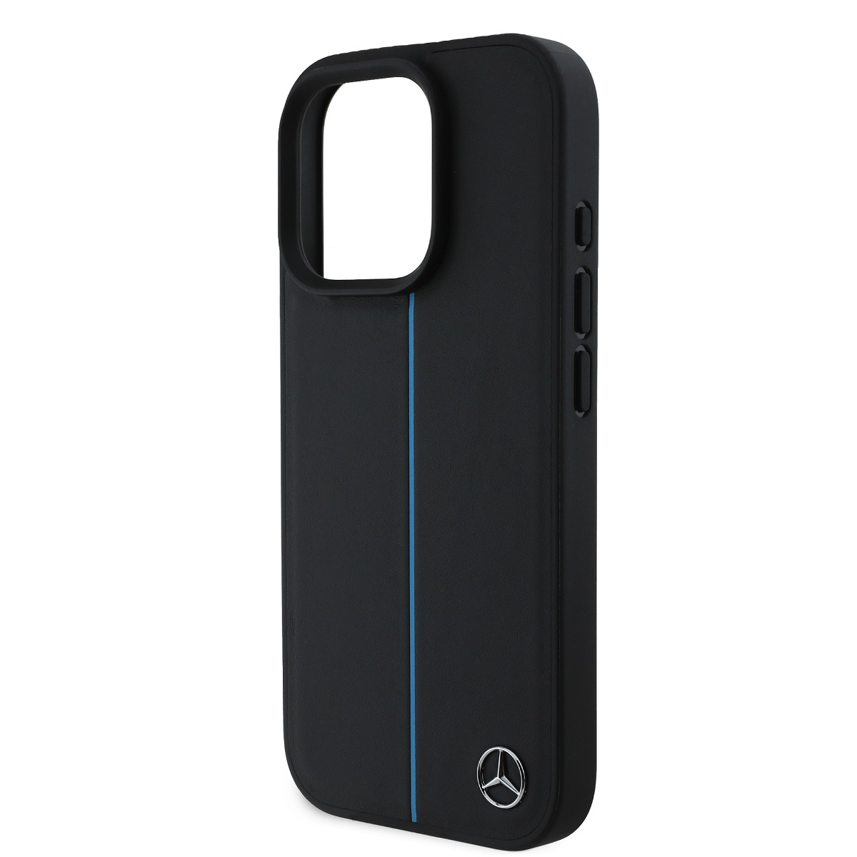Eine schwarze Handyhülle mit blauem Streifen und Mercedes-Logo wird gezeigt.