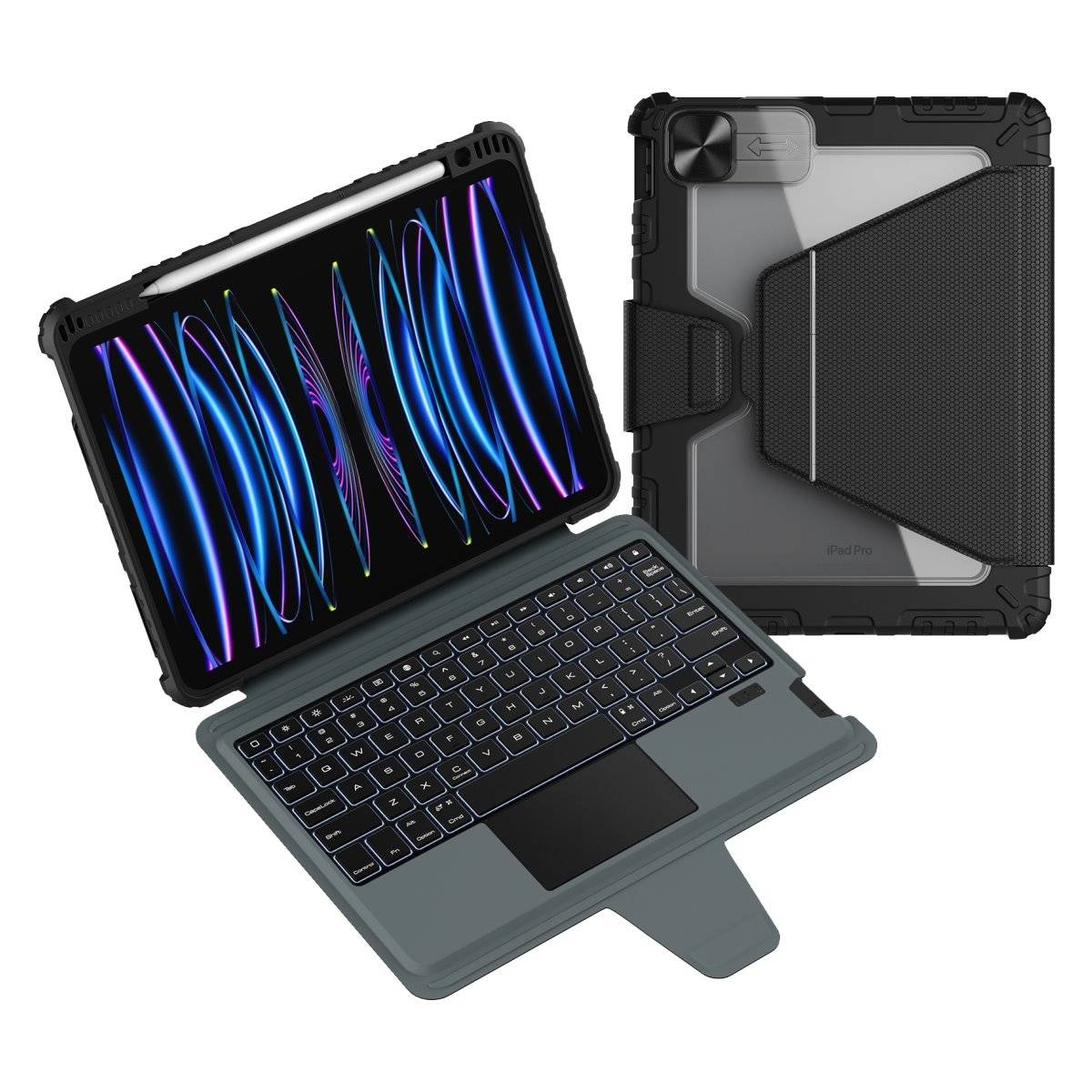 iPad Pro con custodia con tastiera. L'iPad è nero e ha uno stilo. La tastiera è grigia con un trackpad.