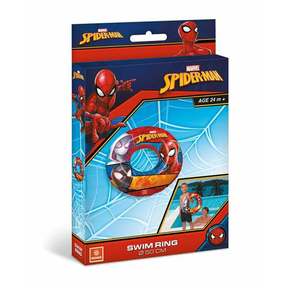 Spider-Man Schwimmring-Box. Die Box hat Spider-Man-Grafiken und einen Schwimmring. Es zeigt ein Kind.