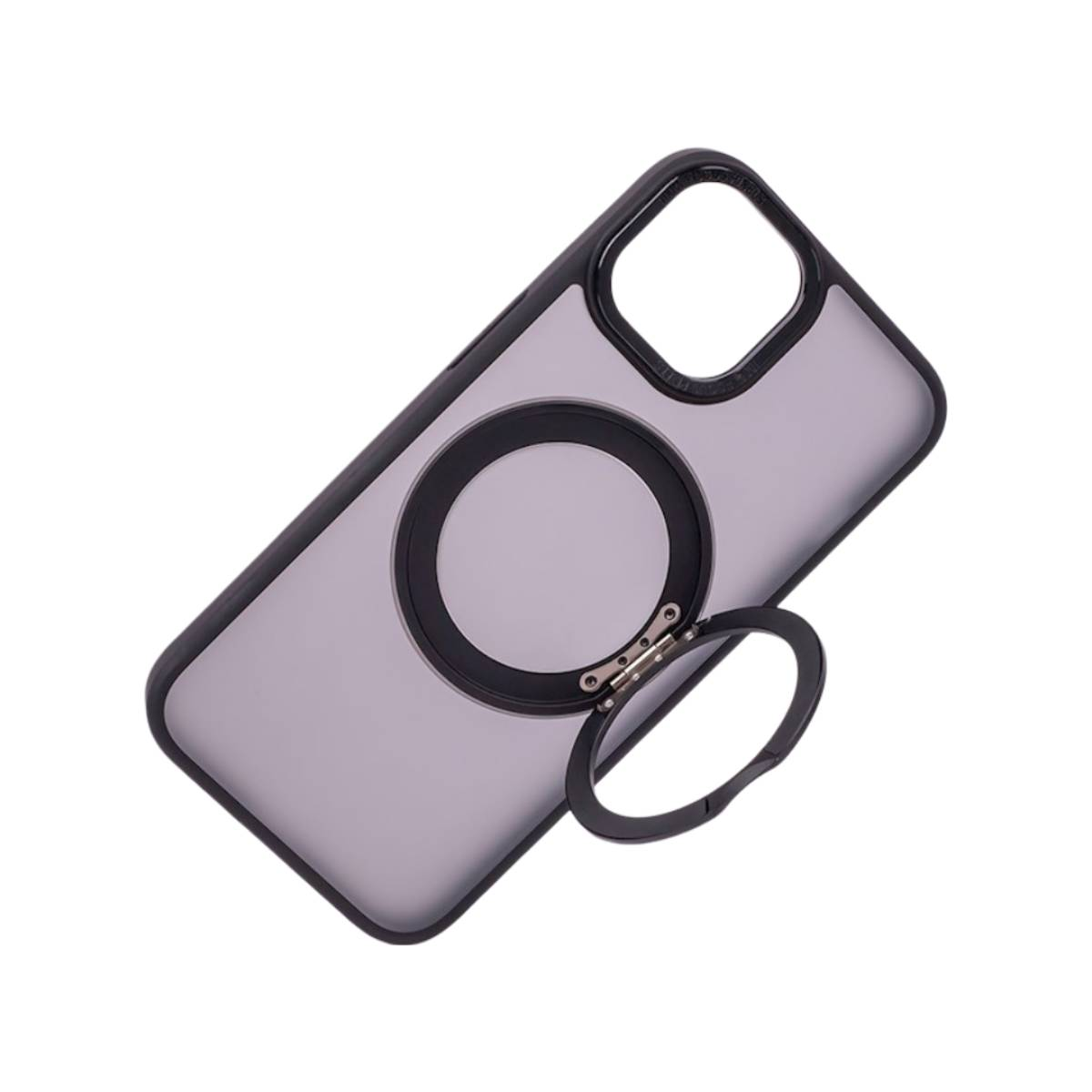 Custodia nera per iPhone con anello di supporto sul retro, aperta. Su sfondo bianco.