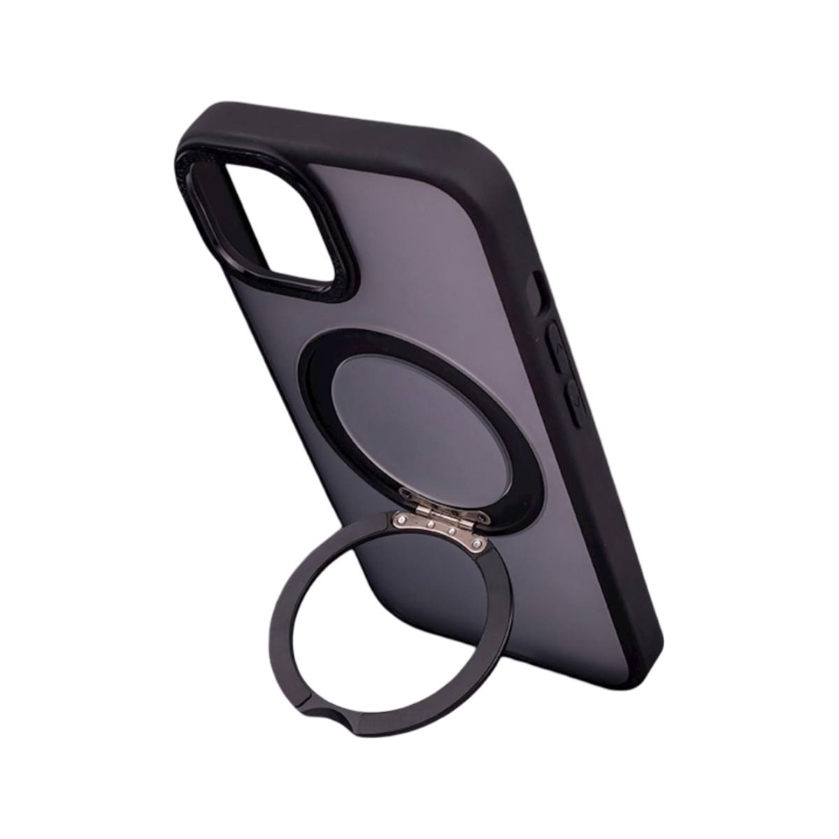 Custodia nera per iPhone con anello di supporto sul retro. La custodia è su uno sfondo bianco.