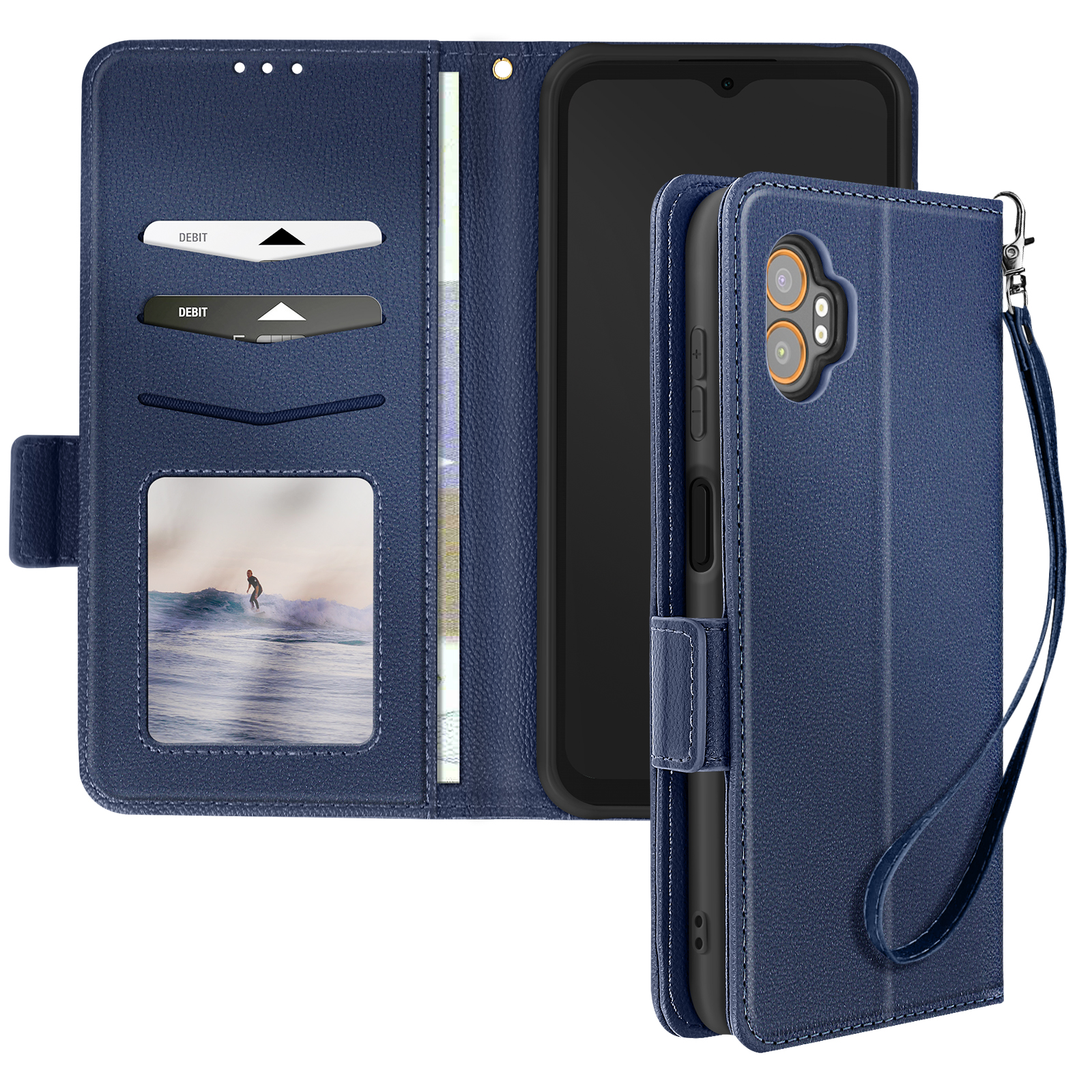 Coque de téléphone bleue, ouverte, avec téléphone à l'intérieur. Il y a des fentes pour cartes et une photo.