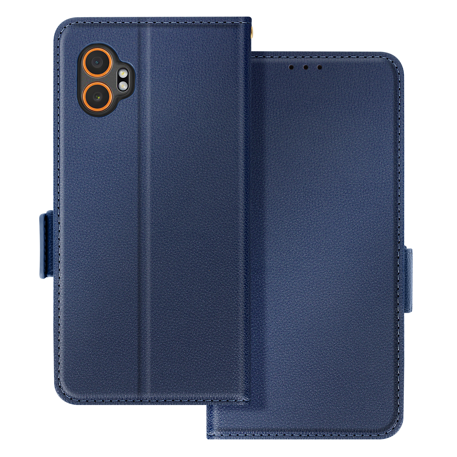 Coque de téléphone bleue, ouverte, avec téléphone à l'intérieur. La coque a des anneaux de caméra orange.