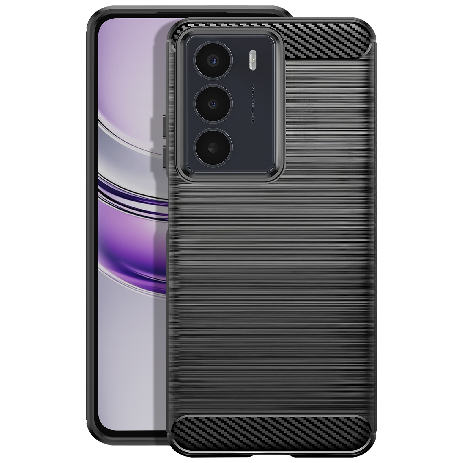 Custodia nera per telefono con un design strutturato. Il telefono è nella custodia. Design in fibra di carbonio.