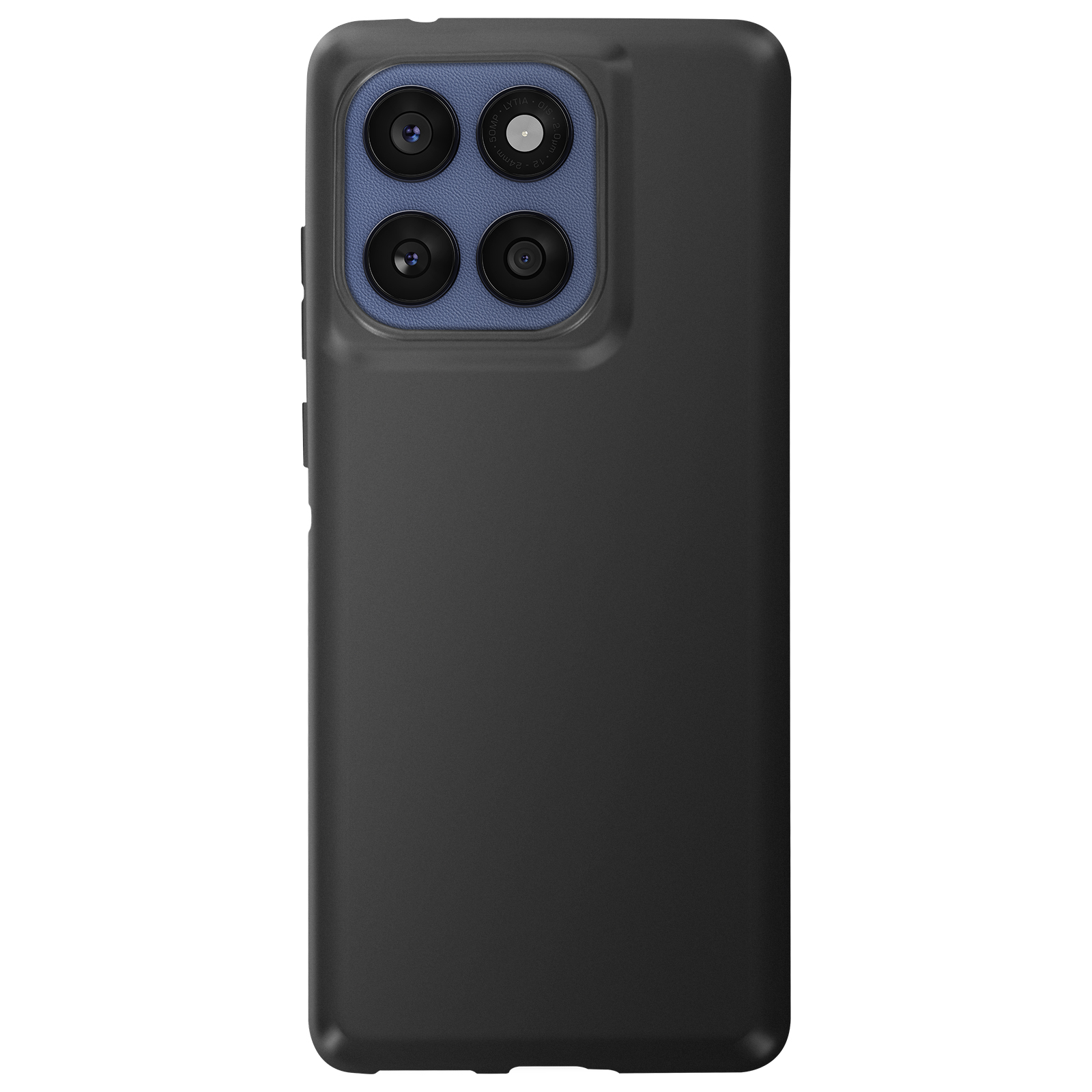 Zwarte telefoonhoes met een opstelling met vier lenzen. De hoes staat op een witte achtergrond.